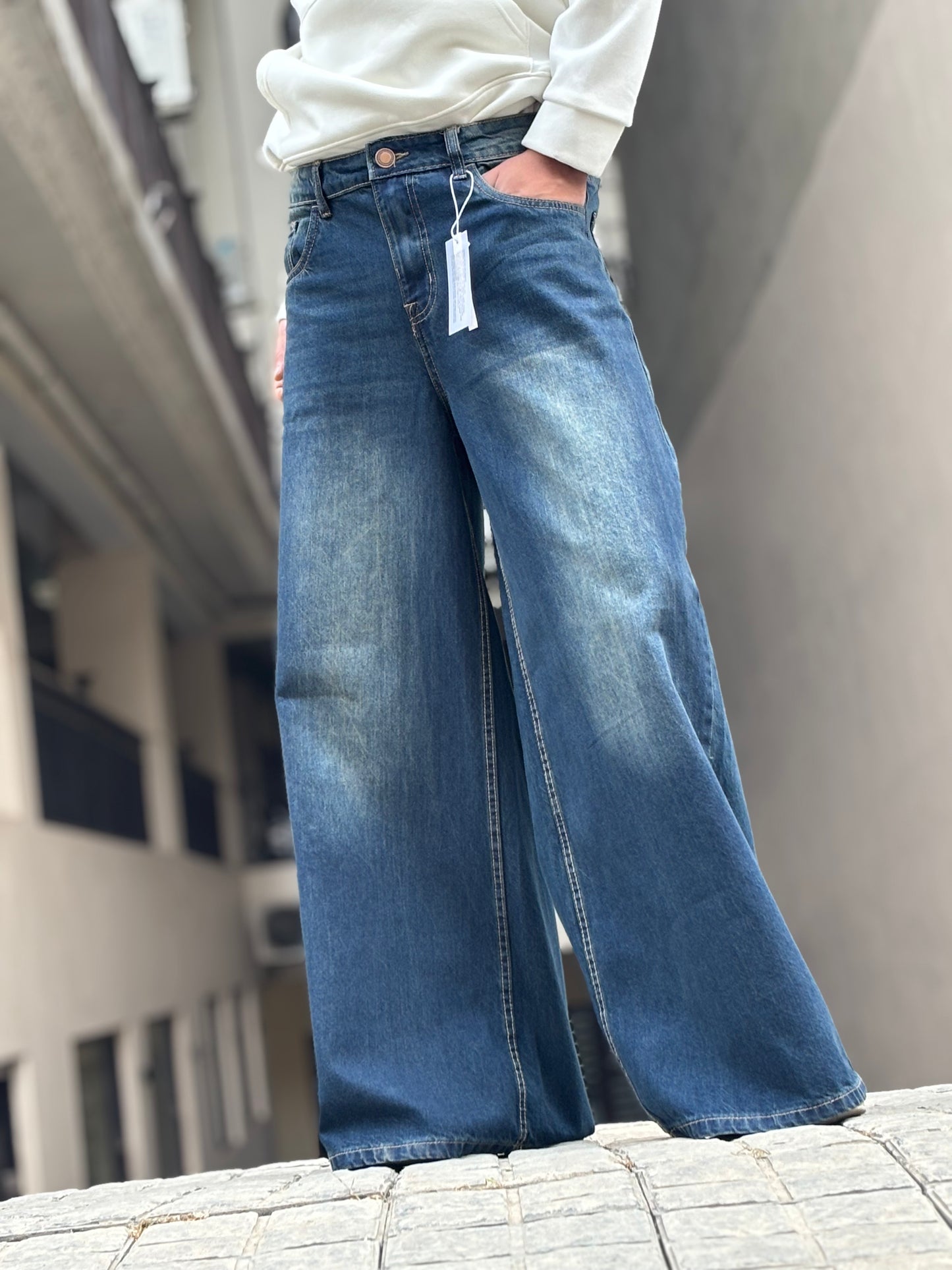 Men's Super Baggy Wide Leg Vintage Dark Bluish Green Jeans Front View