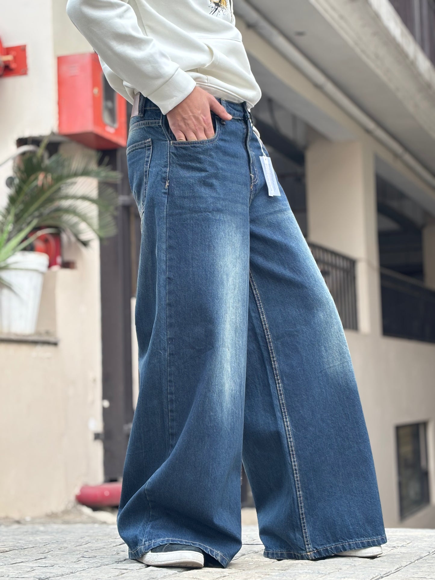 Men's Super Baggy Wide Leg Vintage Dark Bluish Green Jeans Side View