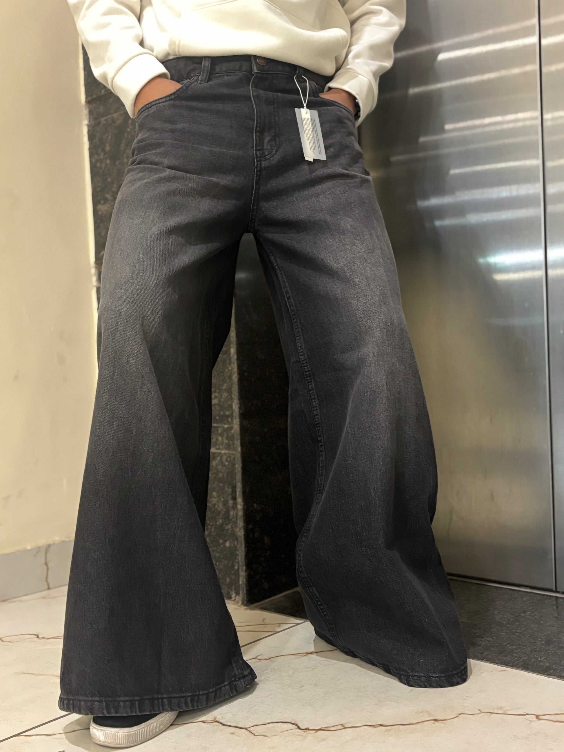 Men's Super Baggy Wide Leg Grey Wash Jeans front view