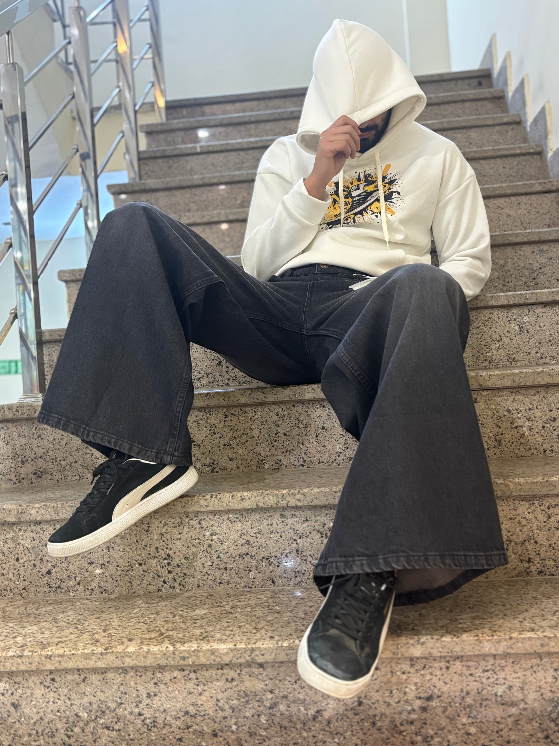 Men's Super Baggy Wide Leg Grey Wash Jeans Sitting View