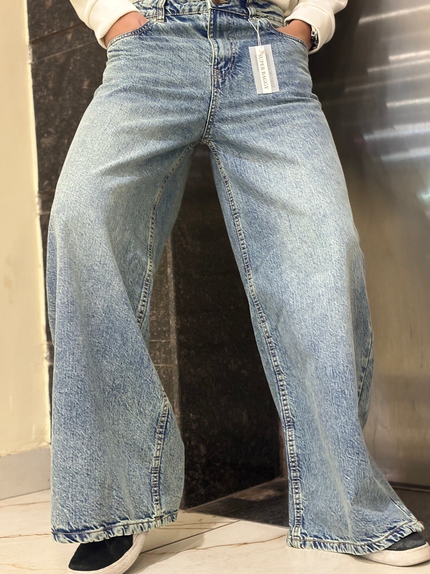 Men's Super Baggy Wide Leg Light Blue Wash Jeans Front View