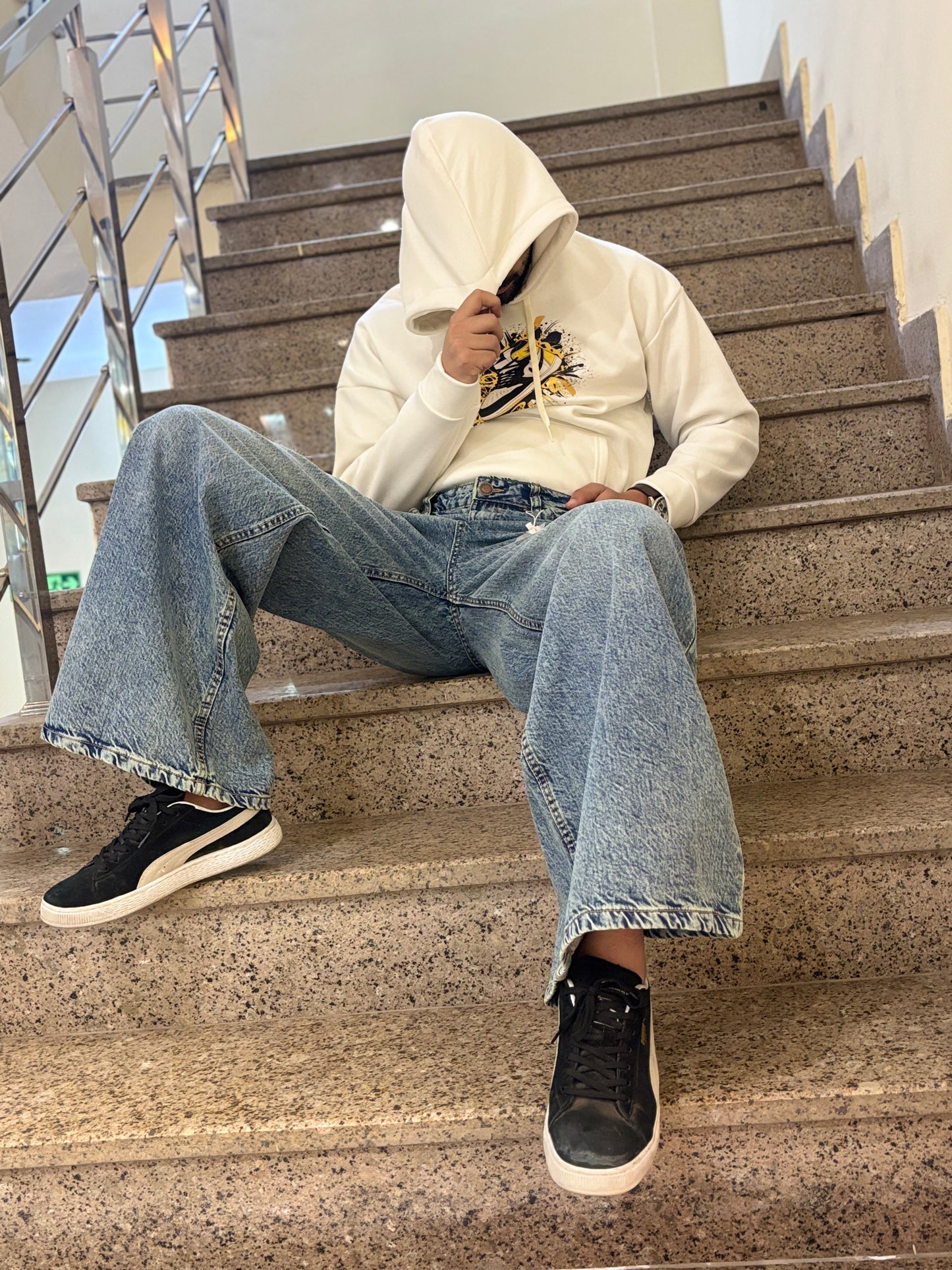 Men's Super Baggy Wide Leg Light Blue Wash Jeans Sitting view