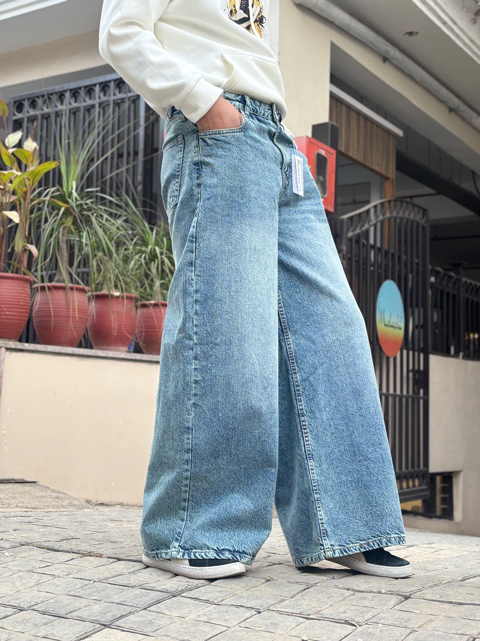 Men's Super Baggy Wide Leg Light Blue Wash Jeans side view