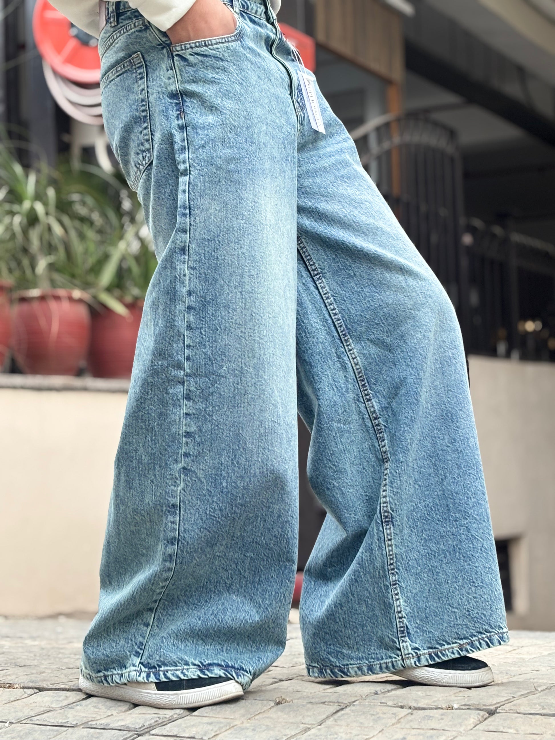 Men's Super Baggy Wide Leg Light Blue Wash Jeans side closeup view