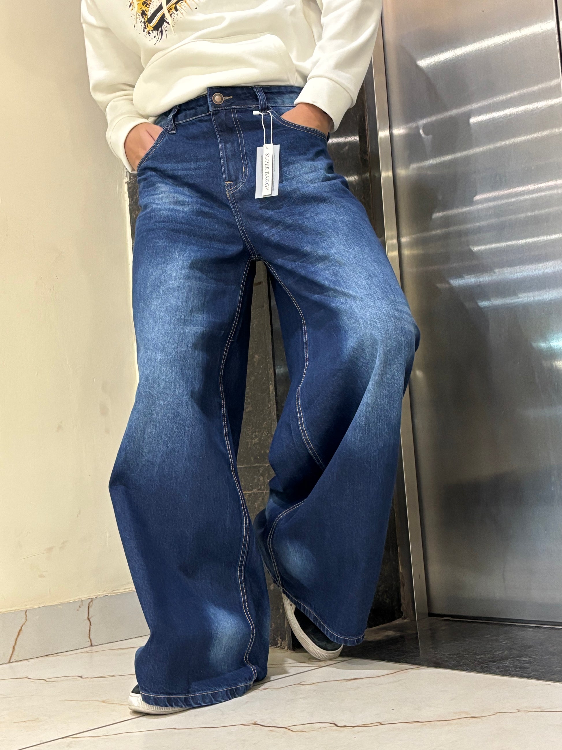 Men's Super Baggy Wide Leg  Dark Blue Wash Jeans Front View