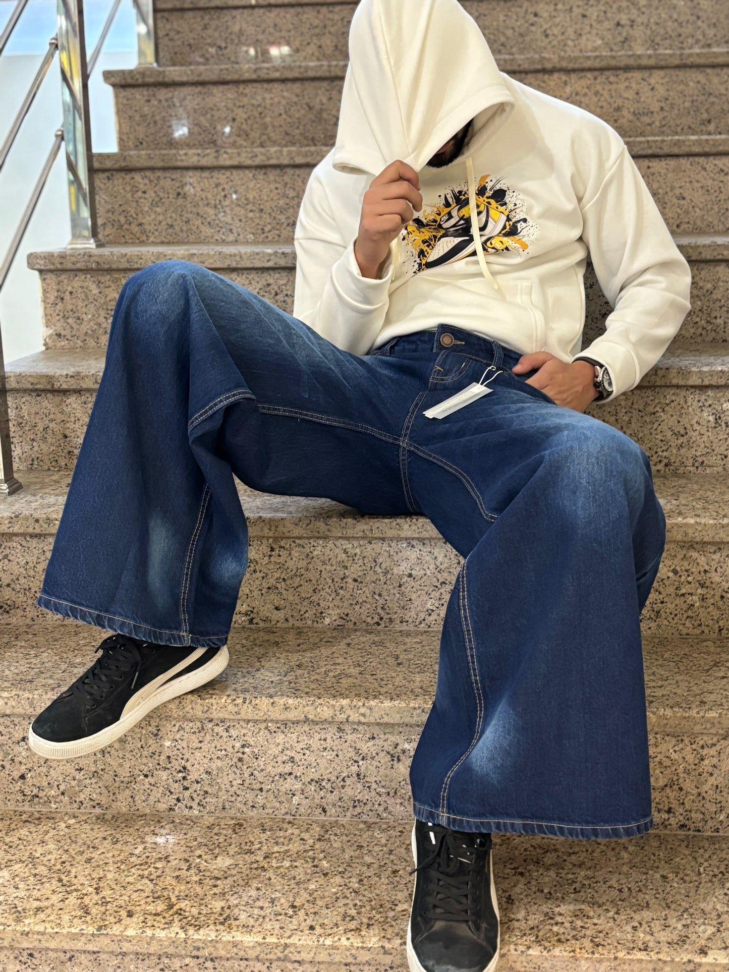 Men's Super Baggy Wide Leg  Dark Blue Wash Jeans Sitting View