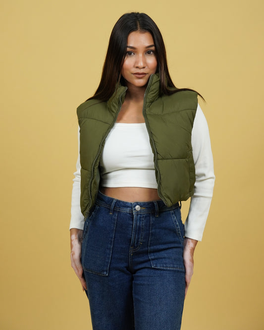 Womens Olive Crop Puffer Jacket Front View