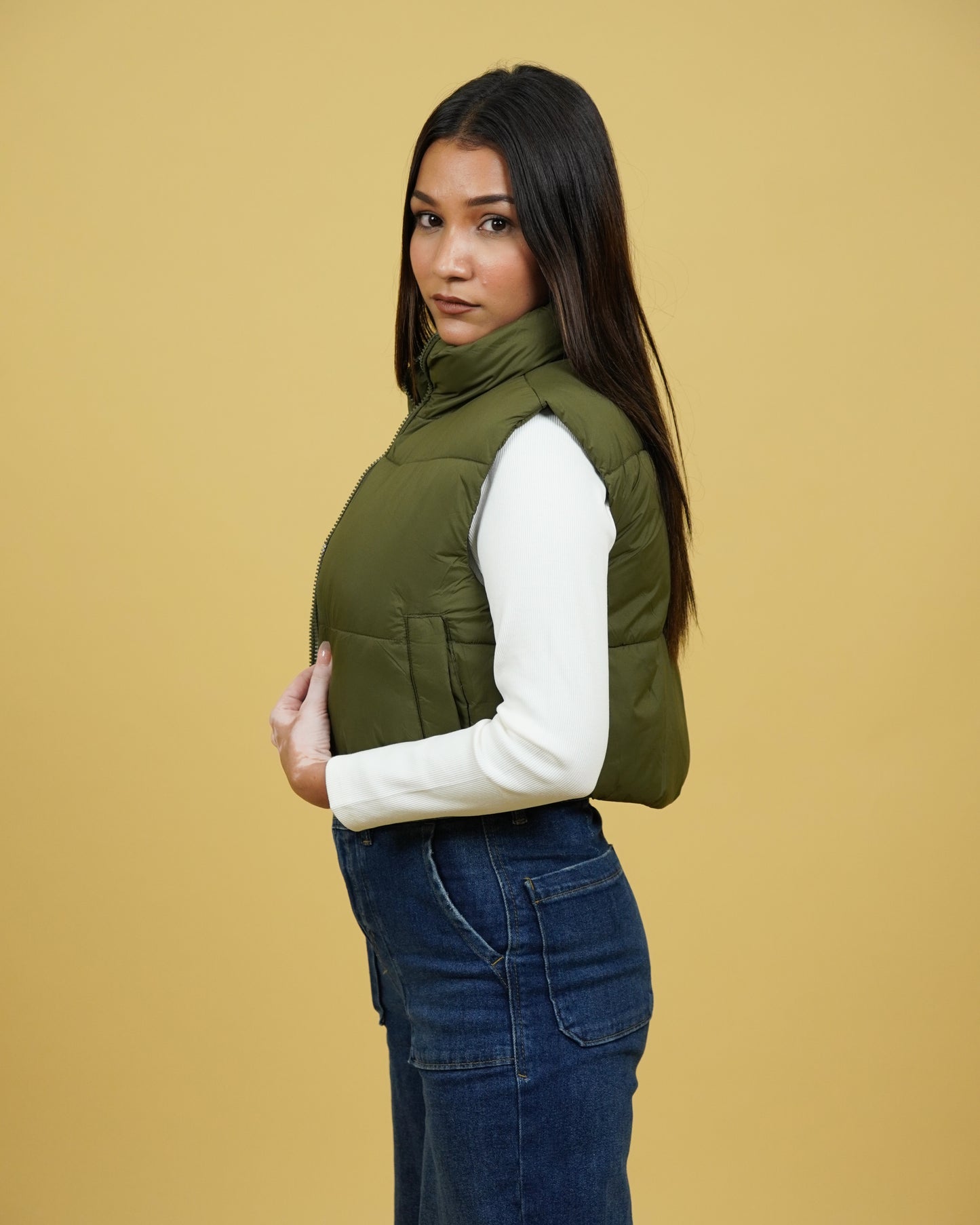 Womens Olive Crop Puffer Jacket Side View