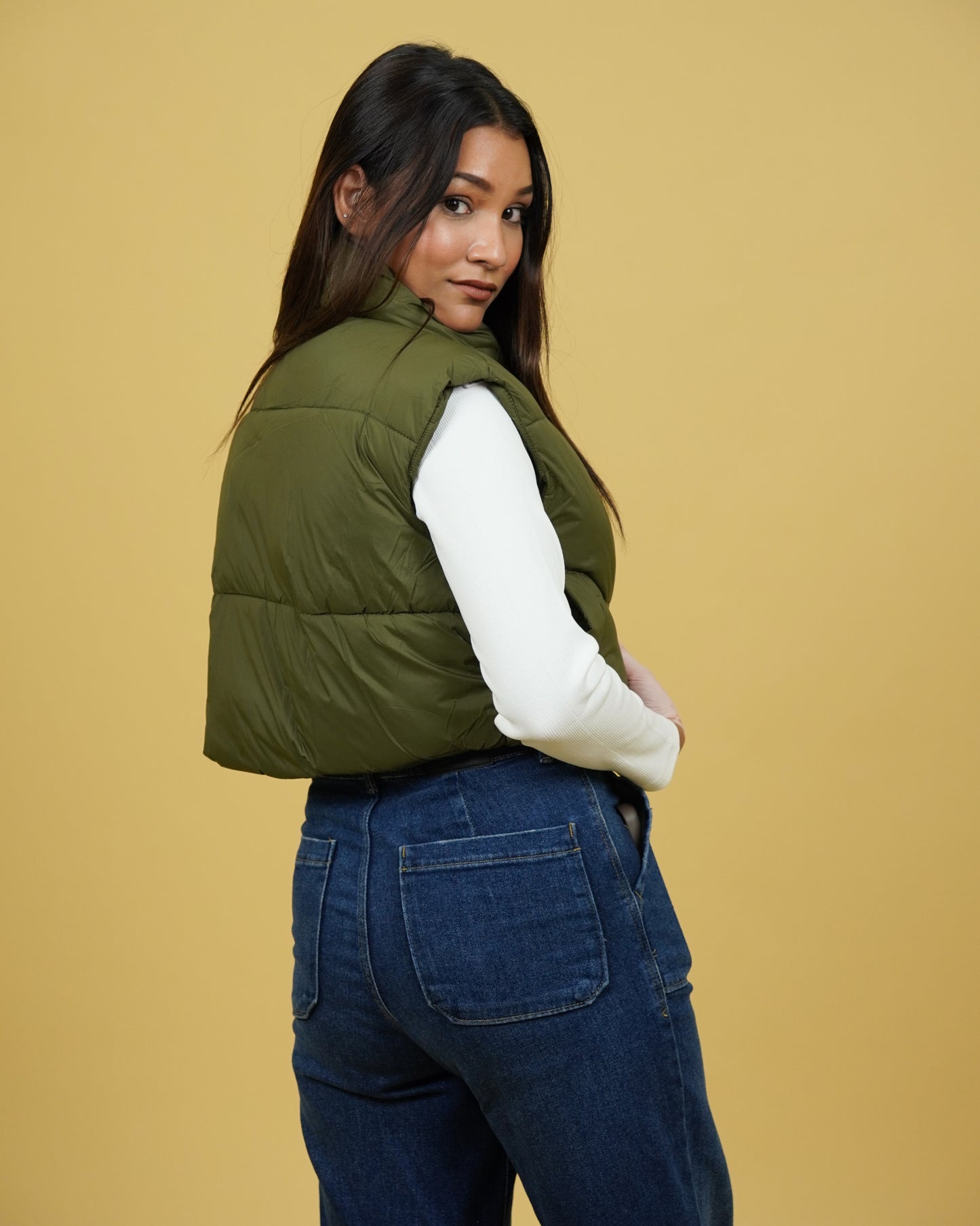 Womens Olive Crop Puffer Jacket Back View