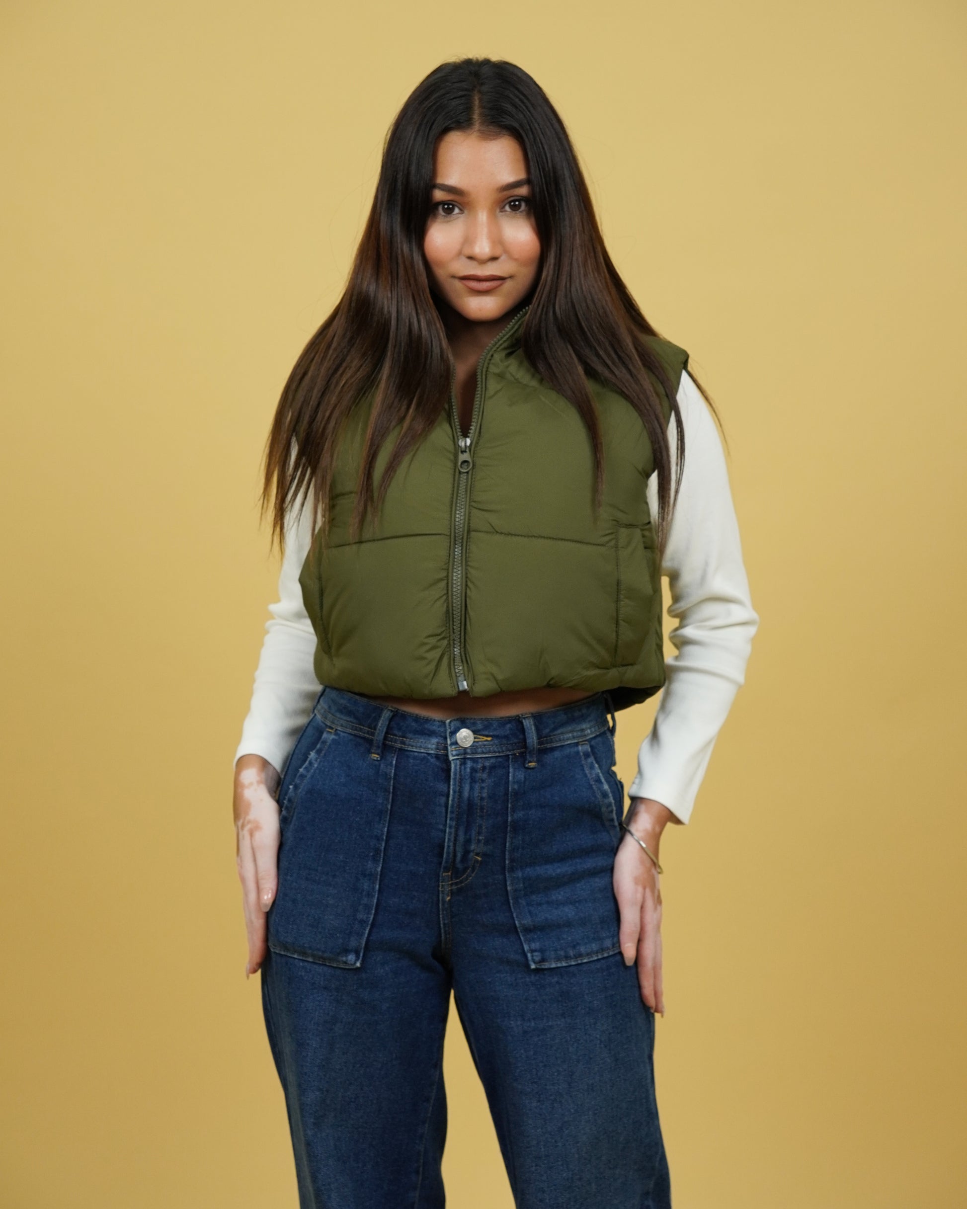Womens Olive Crop Puffer Jacket Front View