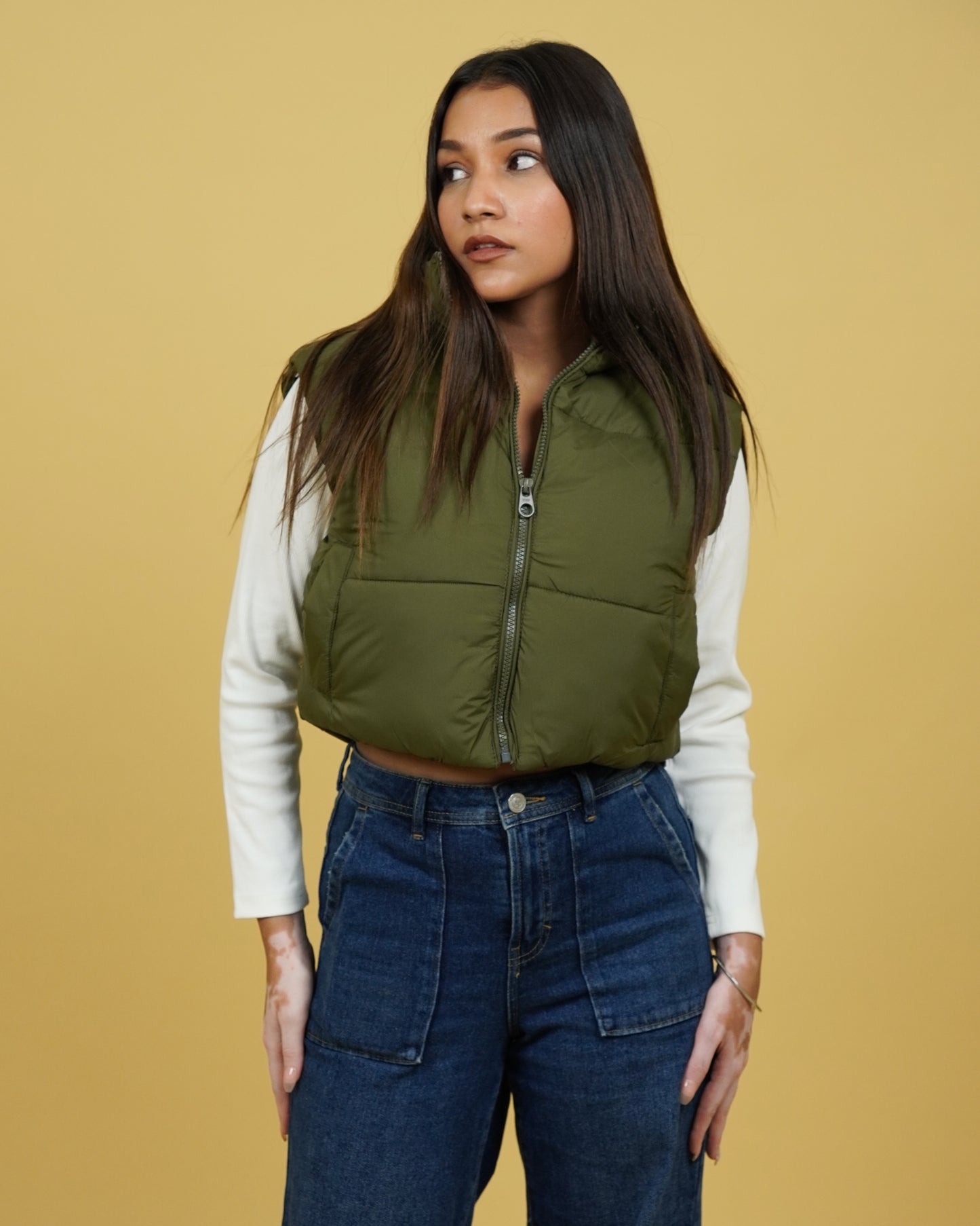 Womens Olive Crop Puffer Jacket Front View