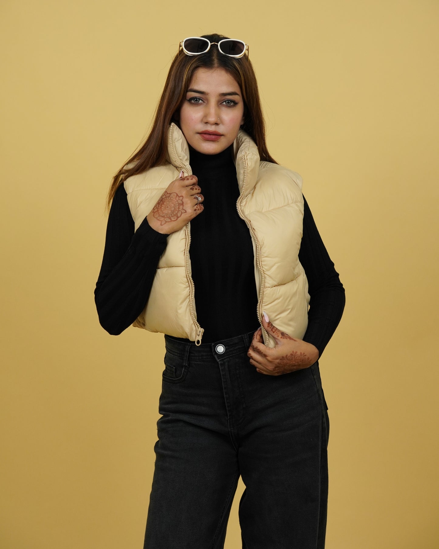 Womens Beige Crop Puffer Jacket Front View