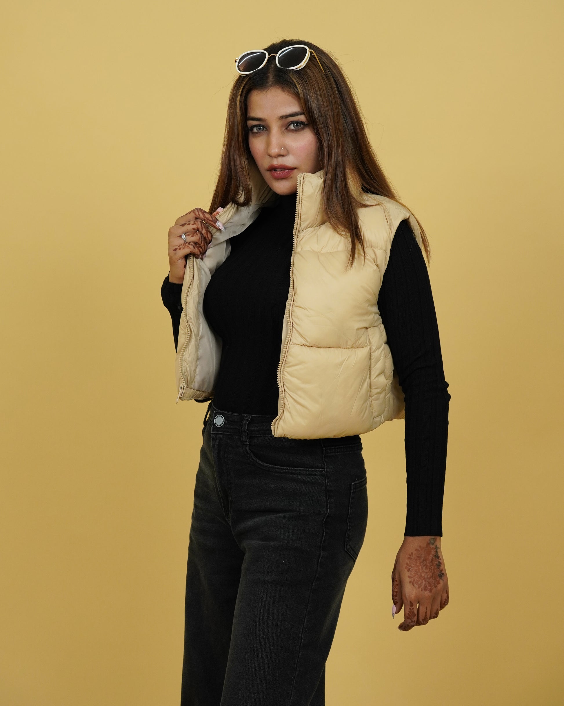 Womens Beige Crop Puffer Jacket Side View