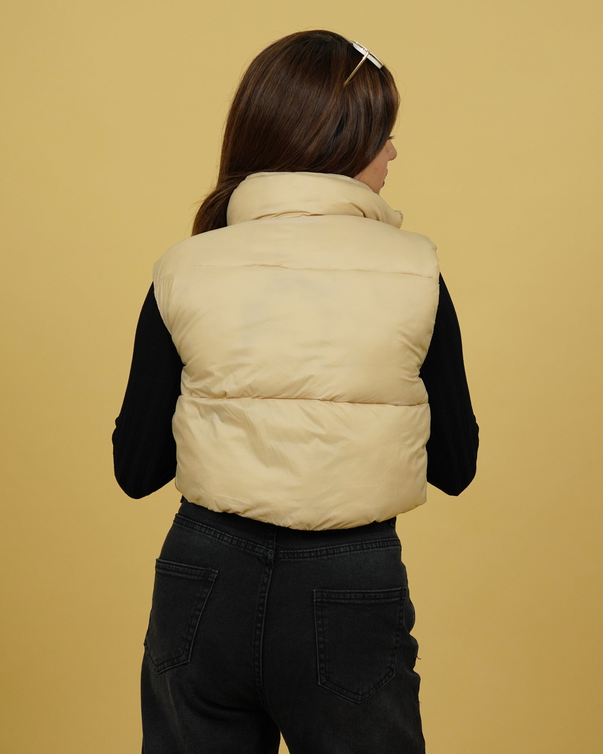 Womens Beige Crop Puffer Jacket Back View