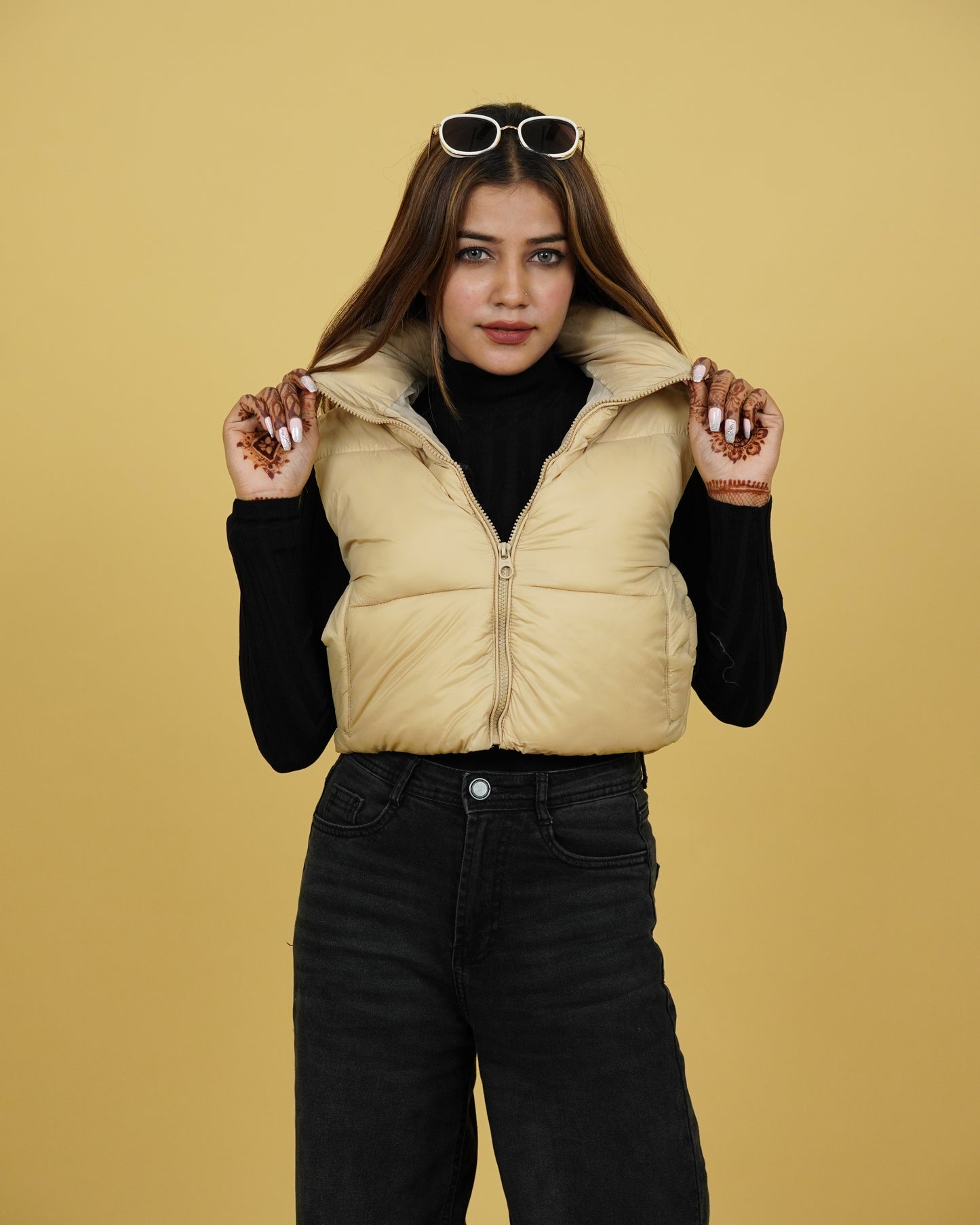 Womens Beige Crop Puffer Jacket Front View