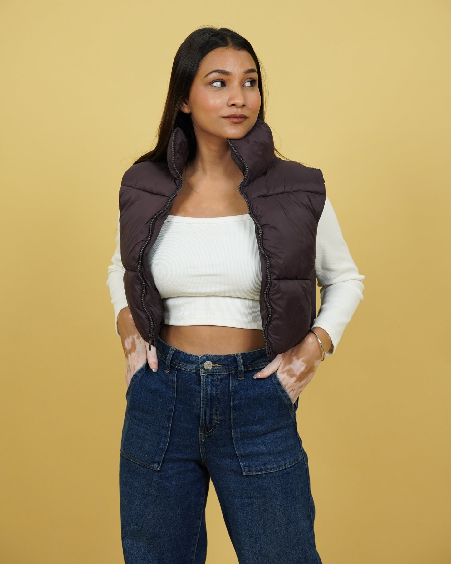 Womens Brown Crop Puffer Jacket Front View