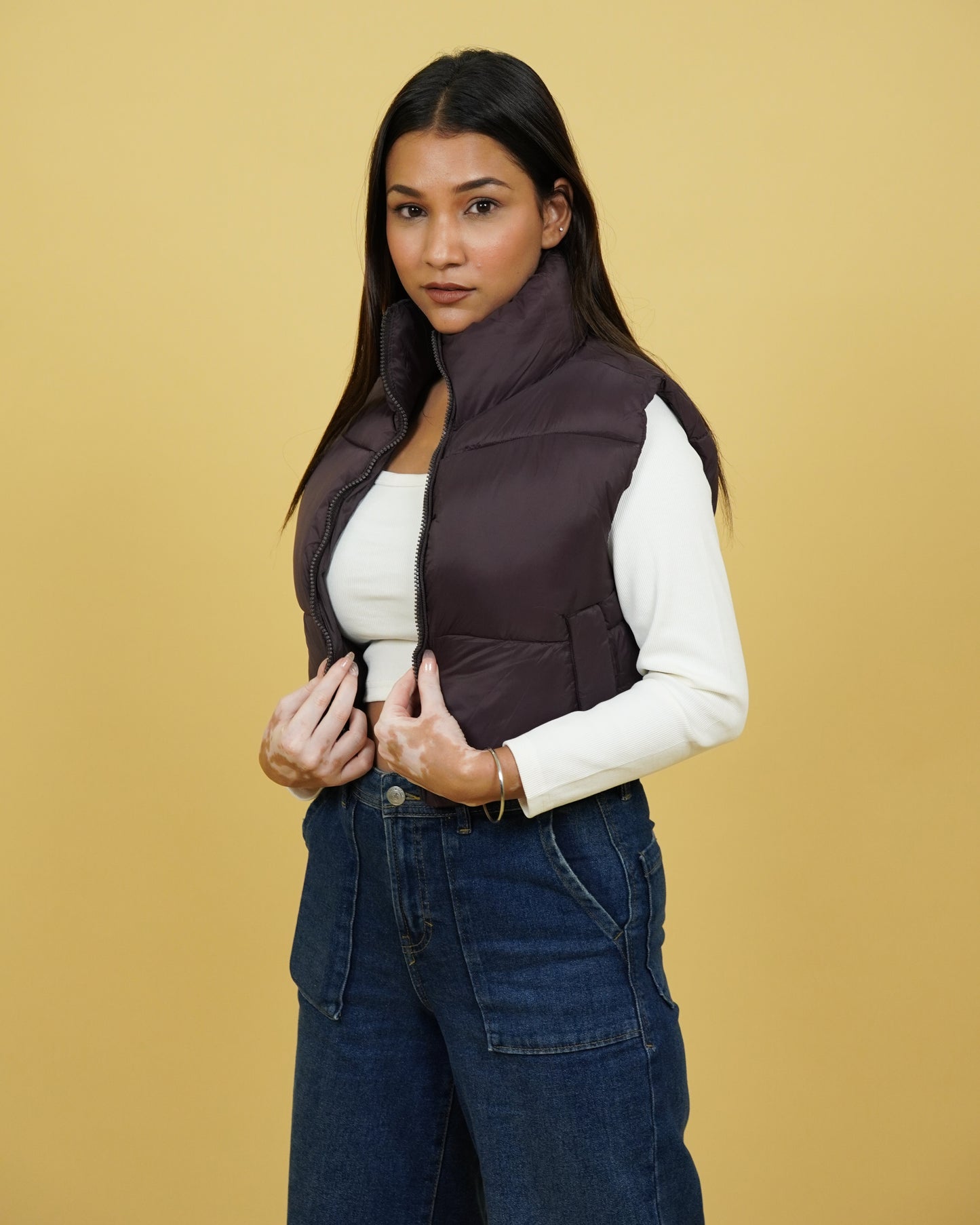 Womens Brown Crop Puffer Jacket Side View