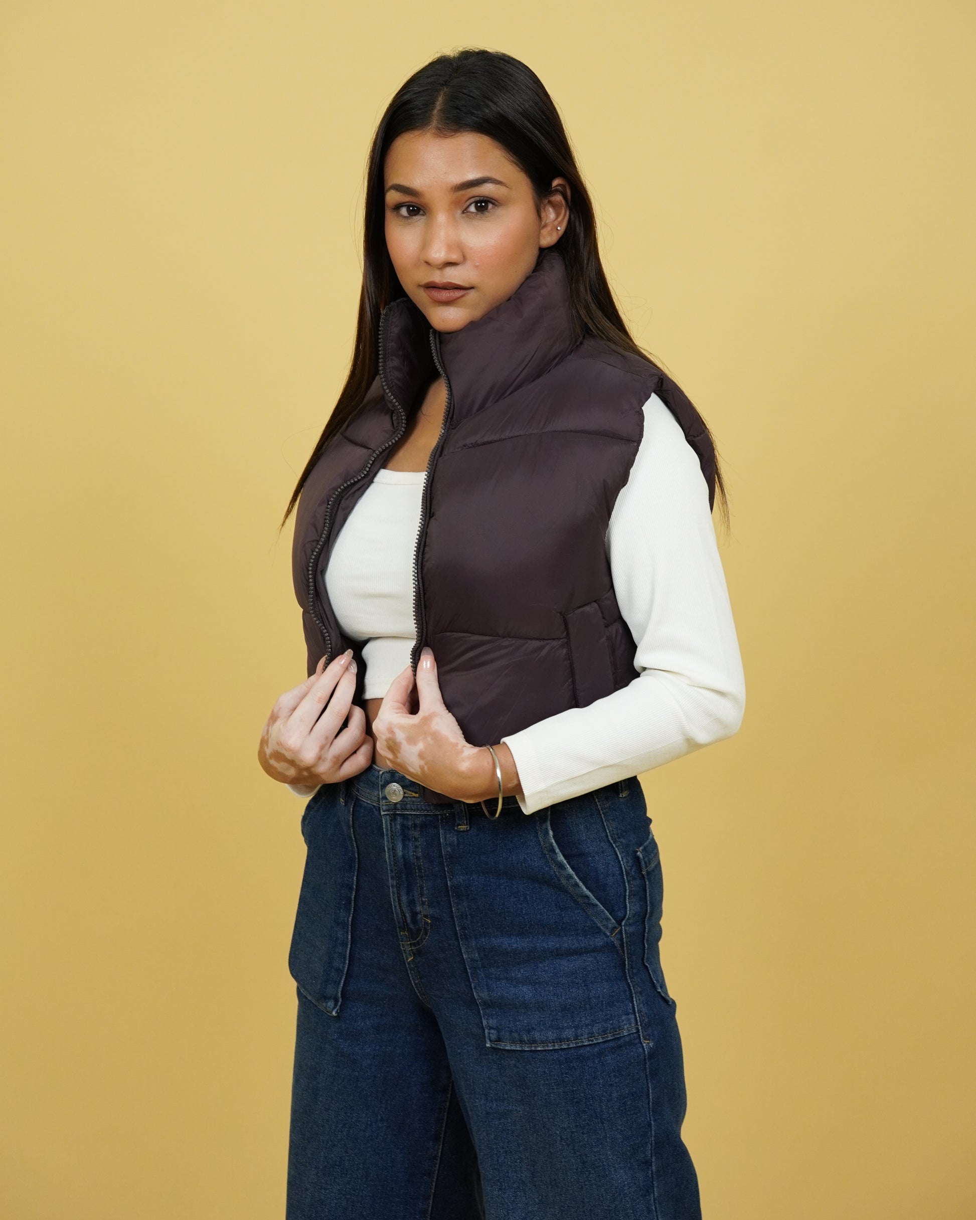 Womens Brown Crop Puffer Jacket Side View