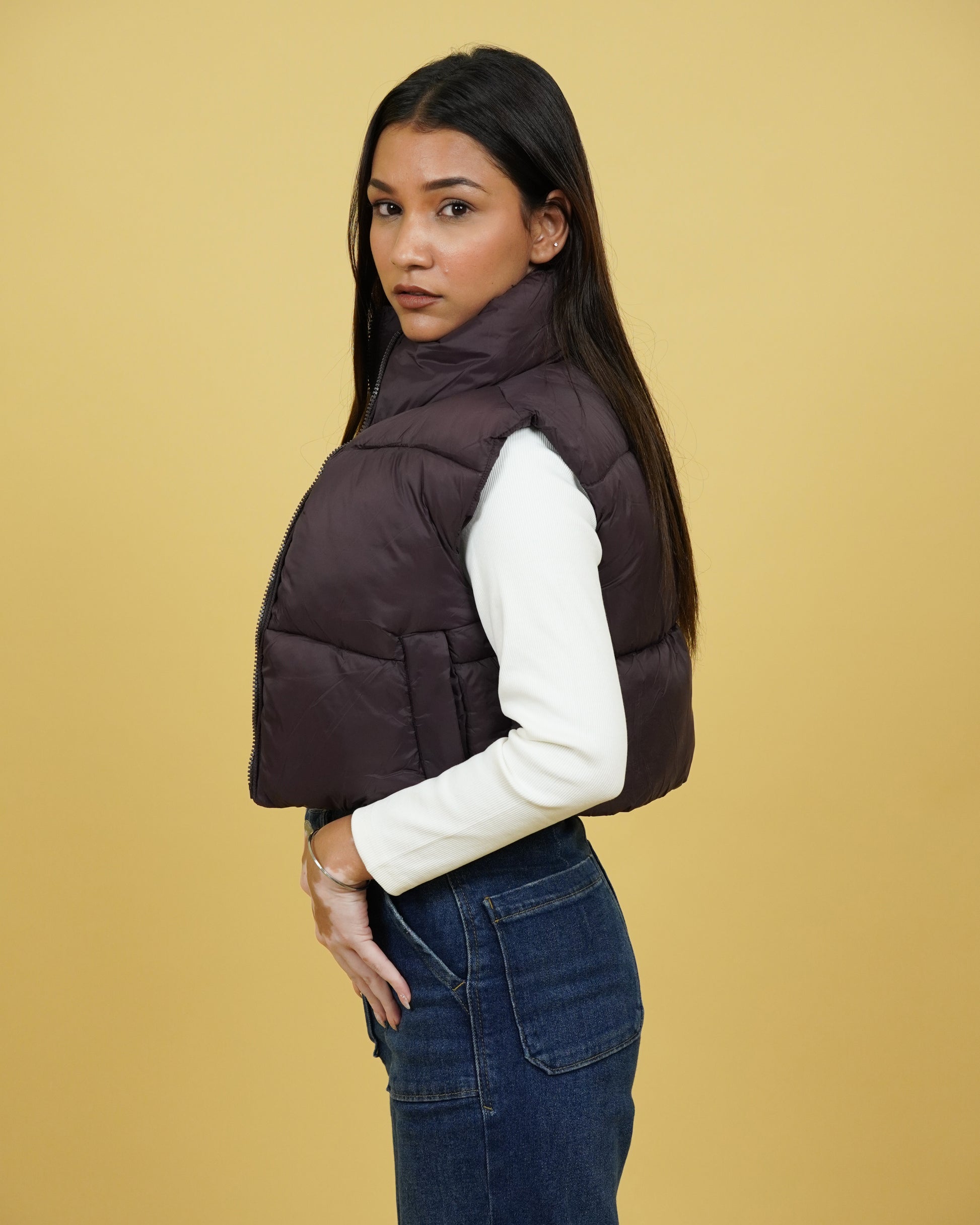 Womens Brown Crop Puffer Jacket SIde View