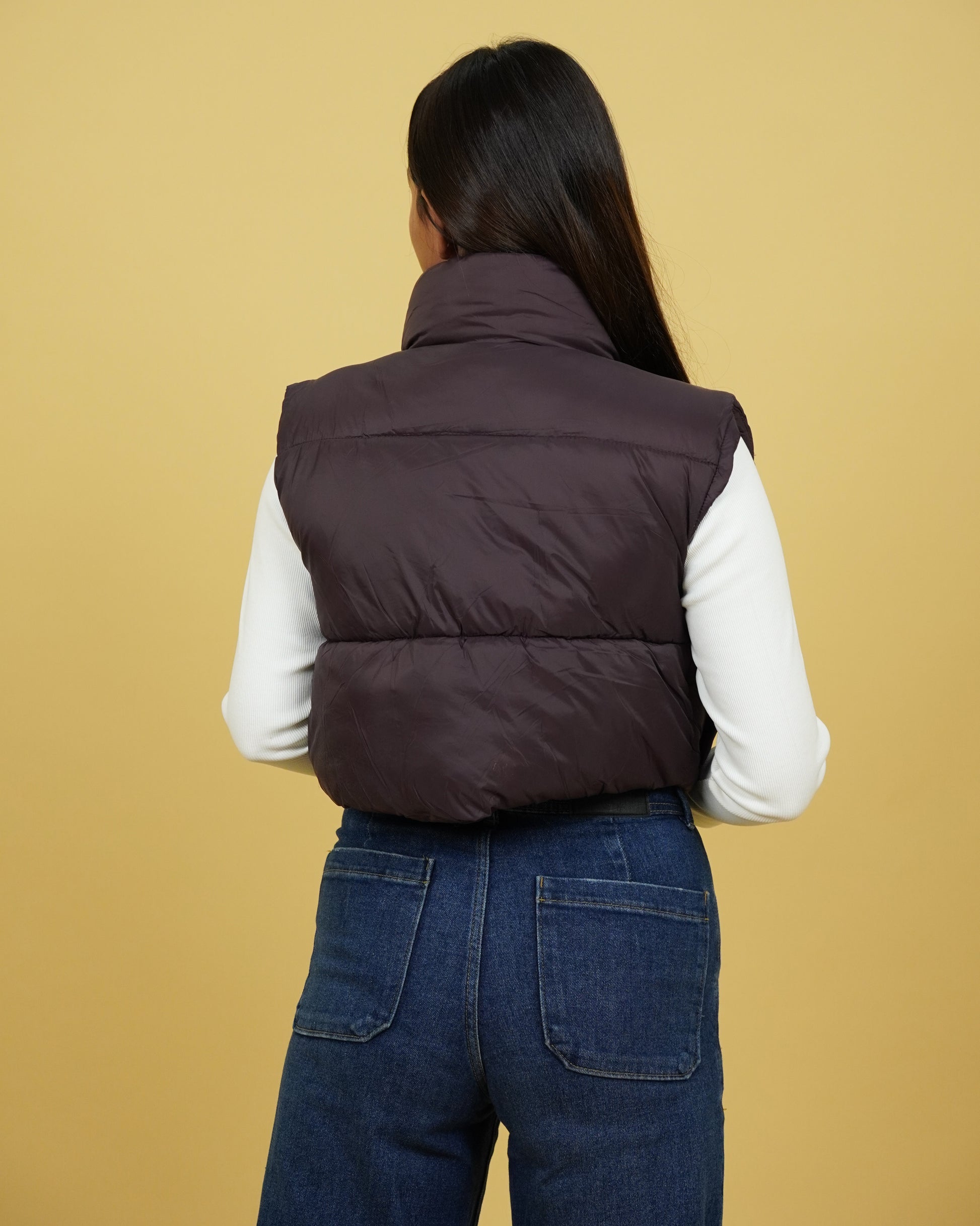 Womens Brown Crop Puffer Jacket Back View