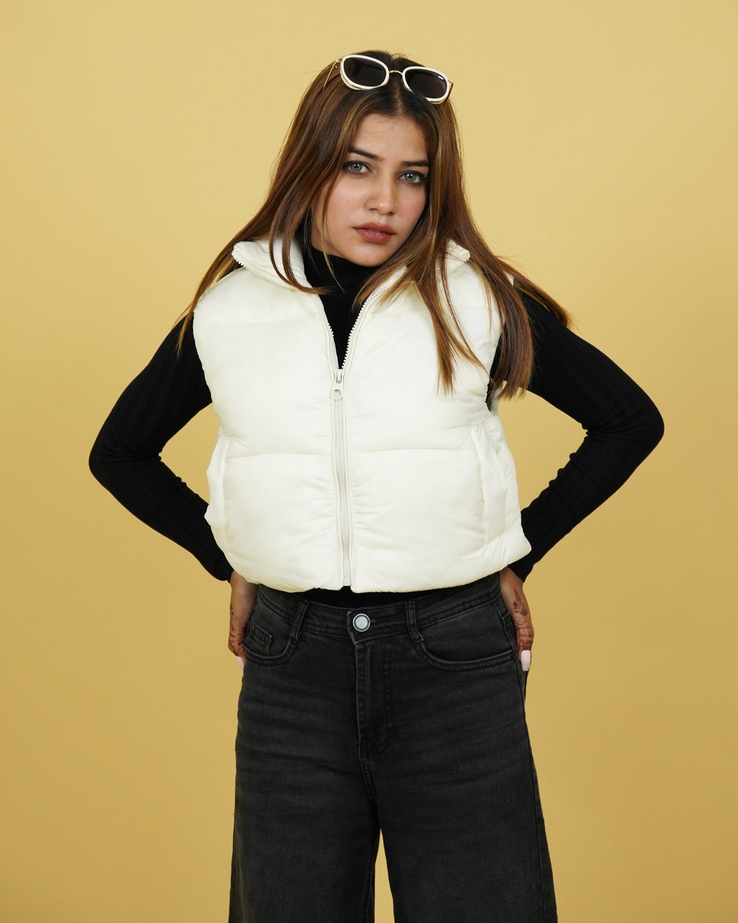 Womens White Crop Puffer Jacket Front View