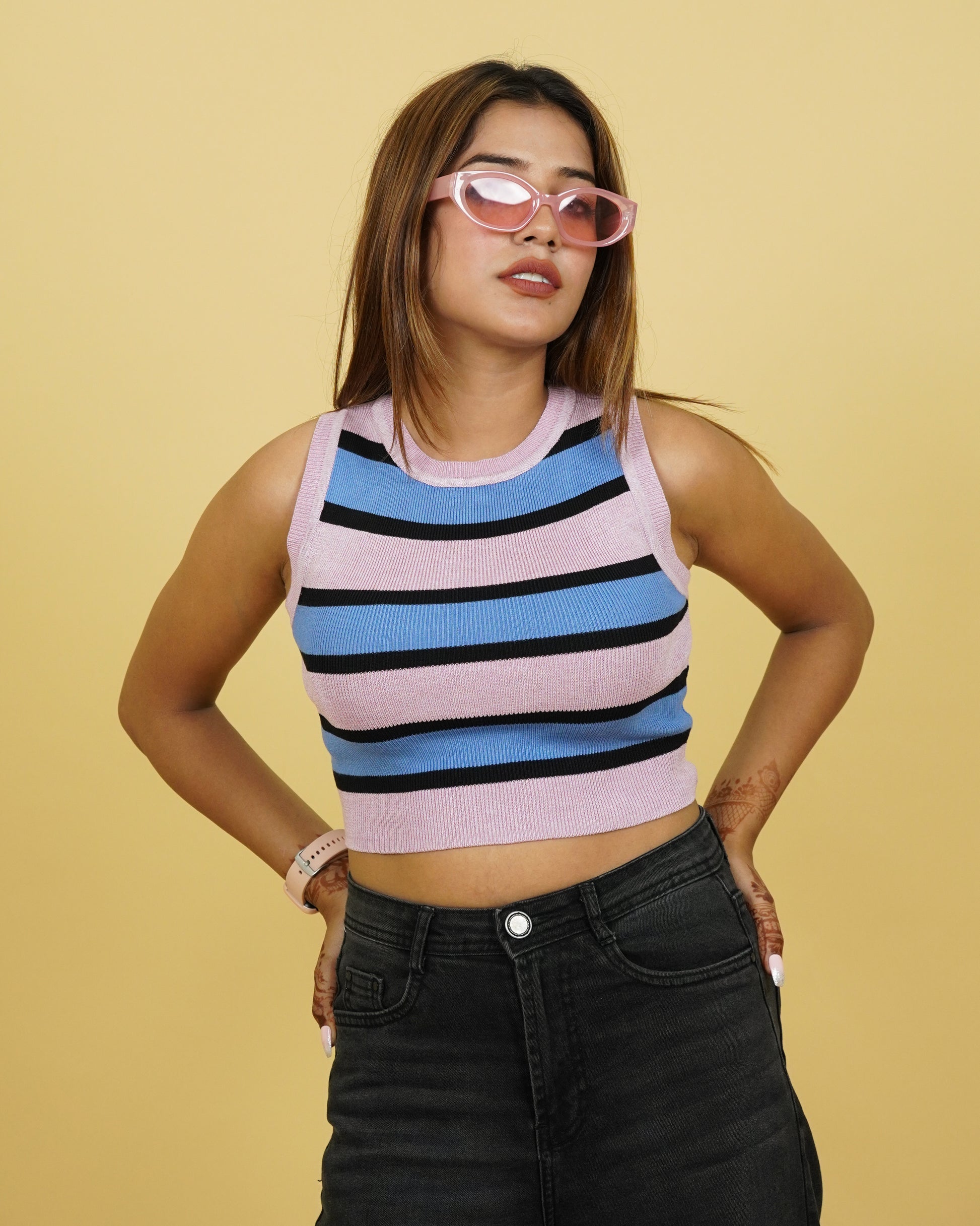 Women's Pink Strip Winter Tank Top Front View