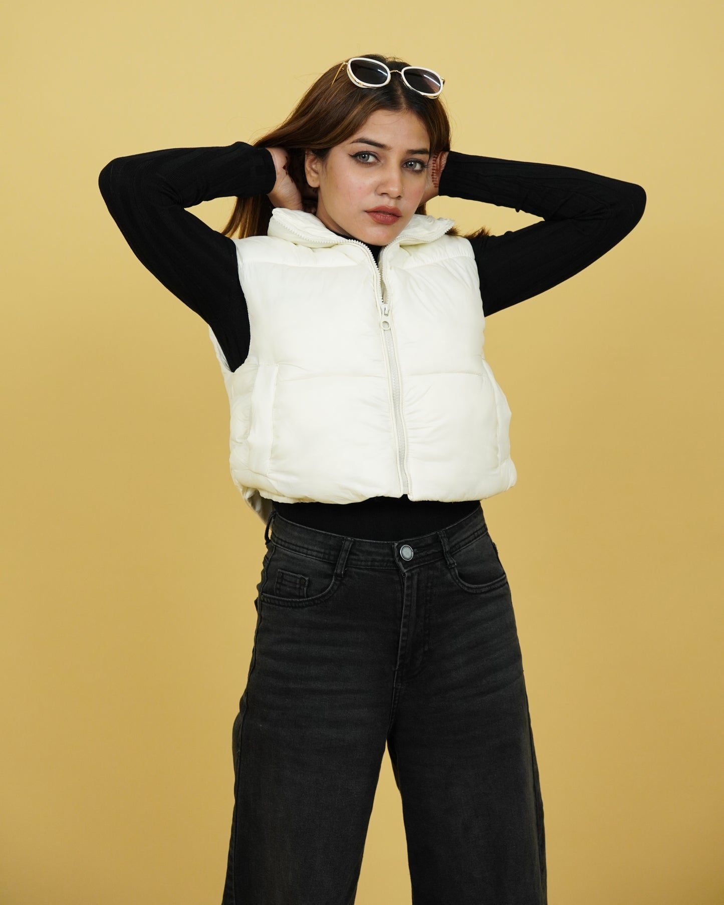 Womens White Crop Puffer Jacket Front View
