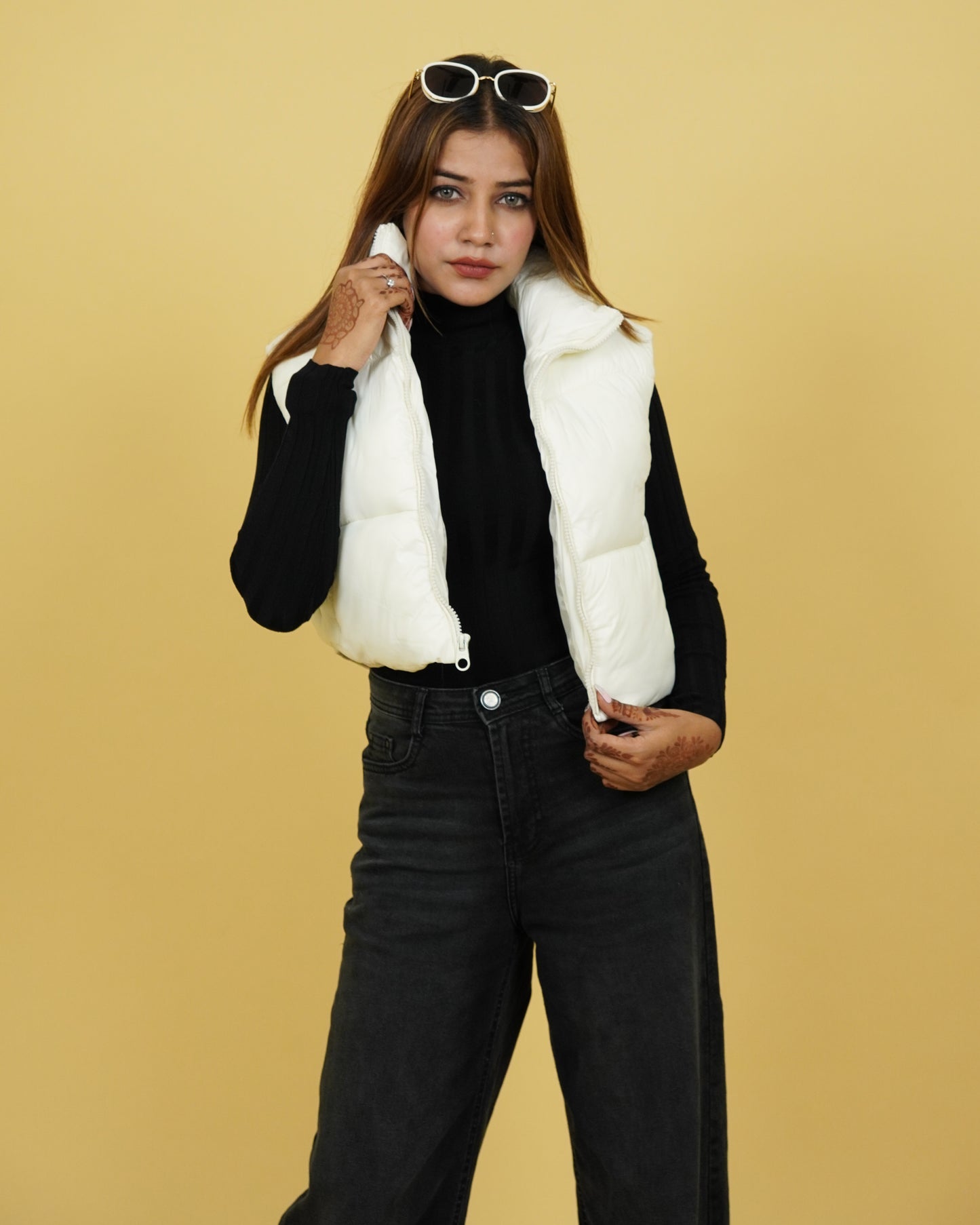 Womens White Crop Puffer Jacket Front View