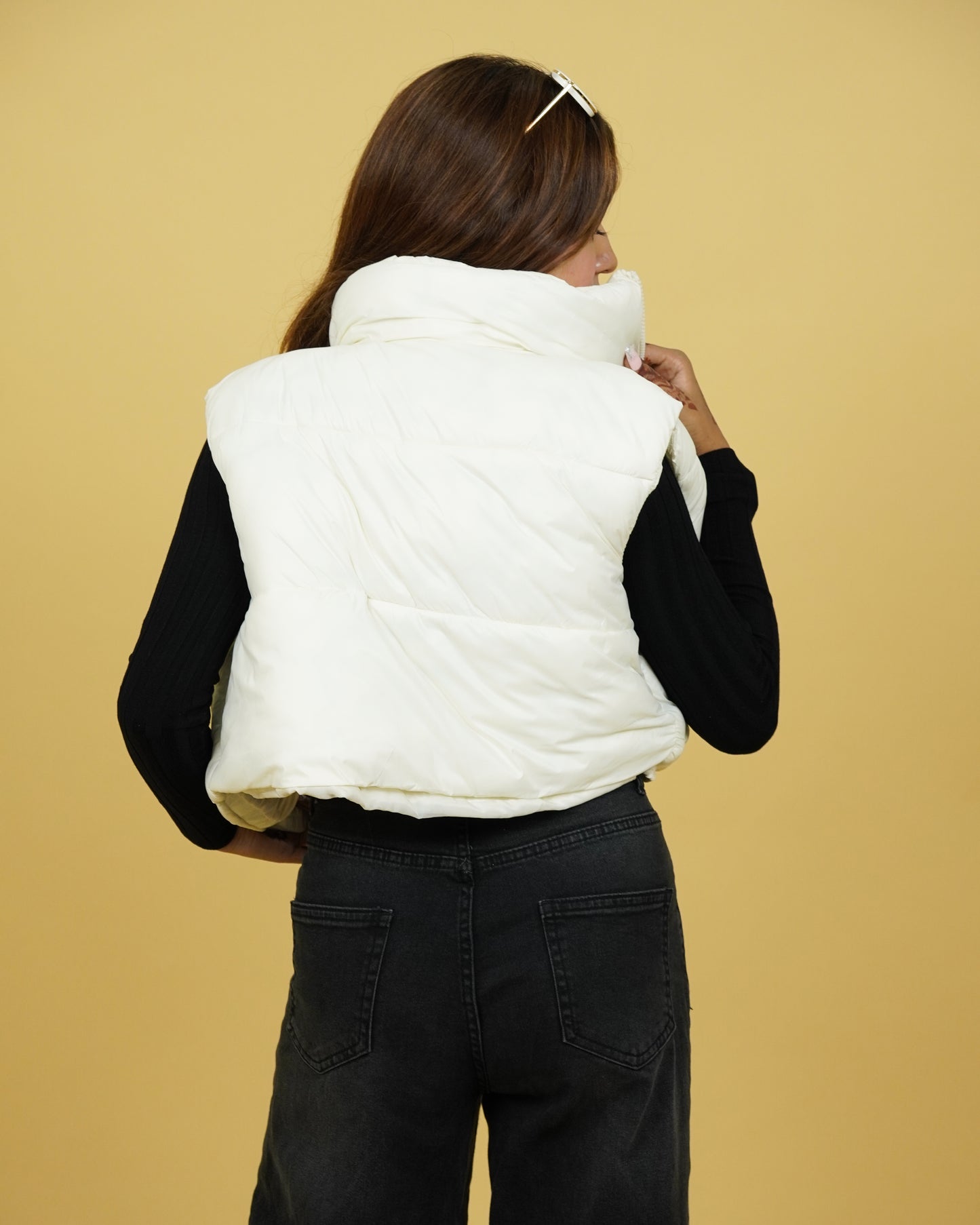 Womens White Crop Puffer Jacket Back View