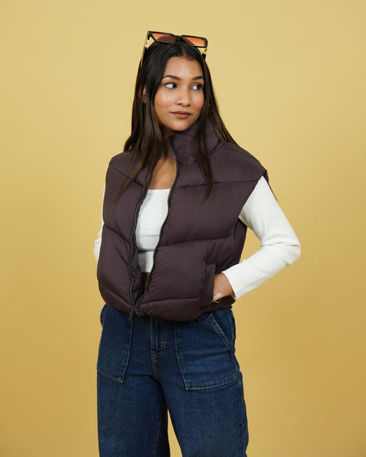 Womens Brown Crop Puffer Jacket Front View
