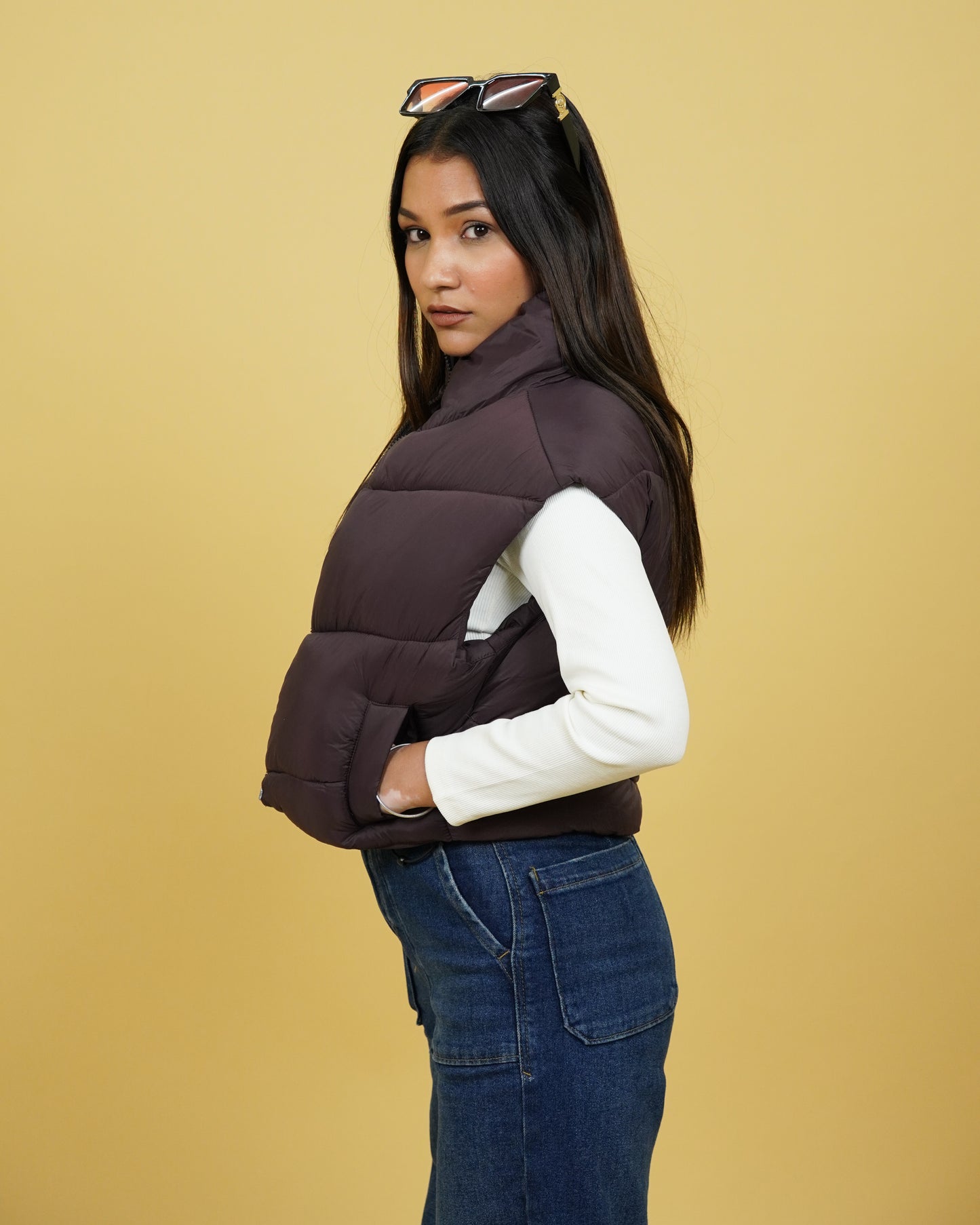 Womens Sleeveless Brown Puffer Jacket
