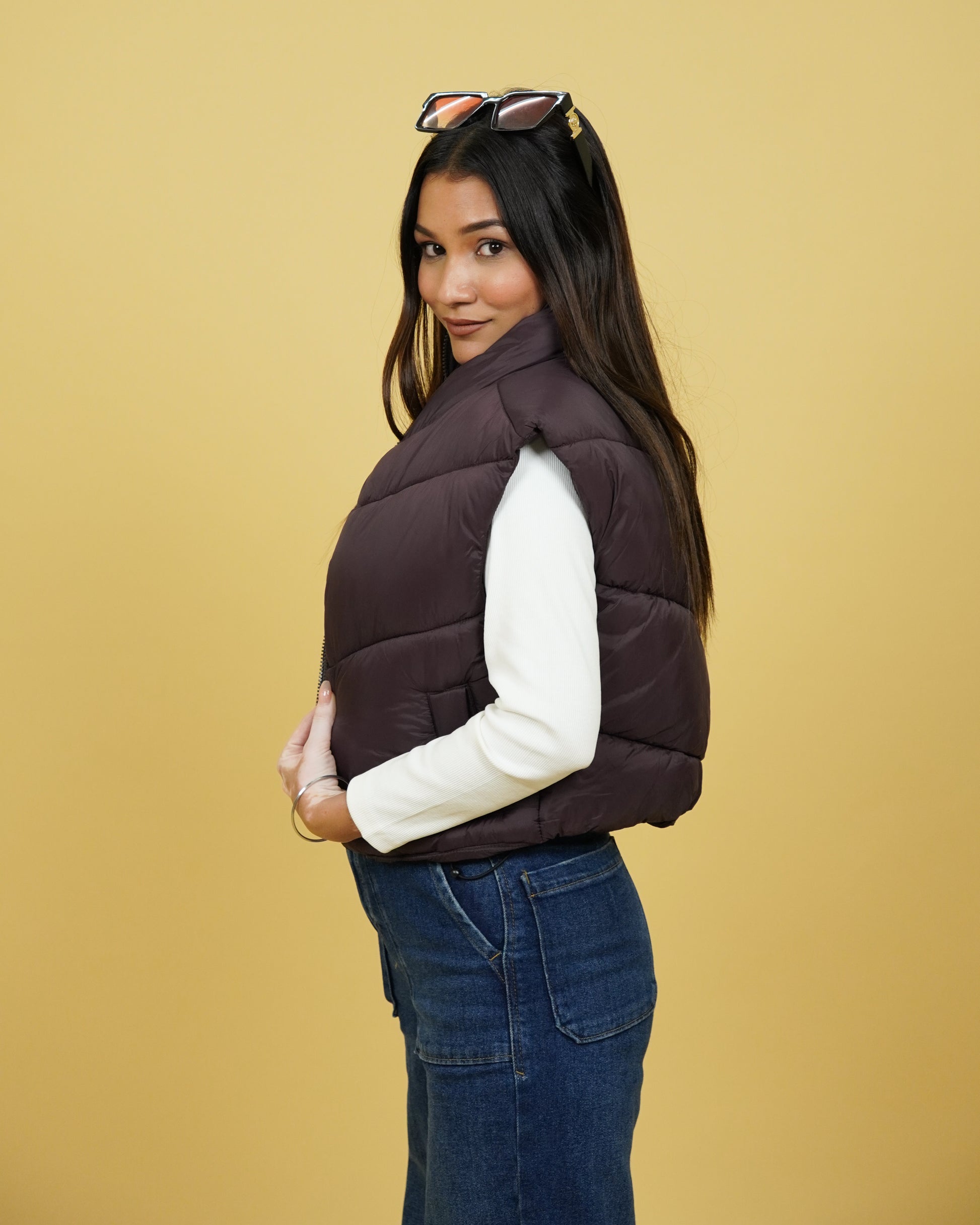 Womens Brown Crop Puffer Jacket side View