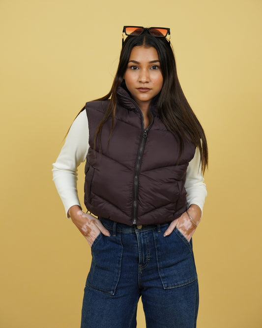 Womens Sleeveless Brown Puffer Jacket