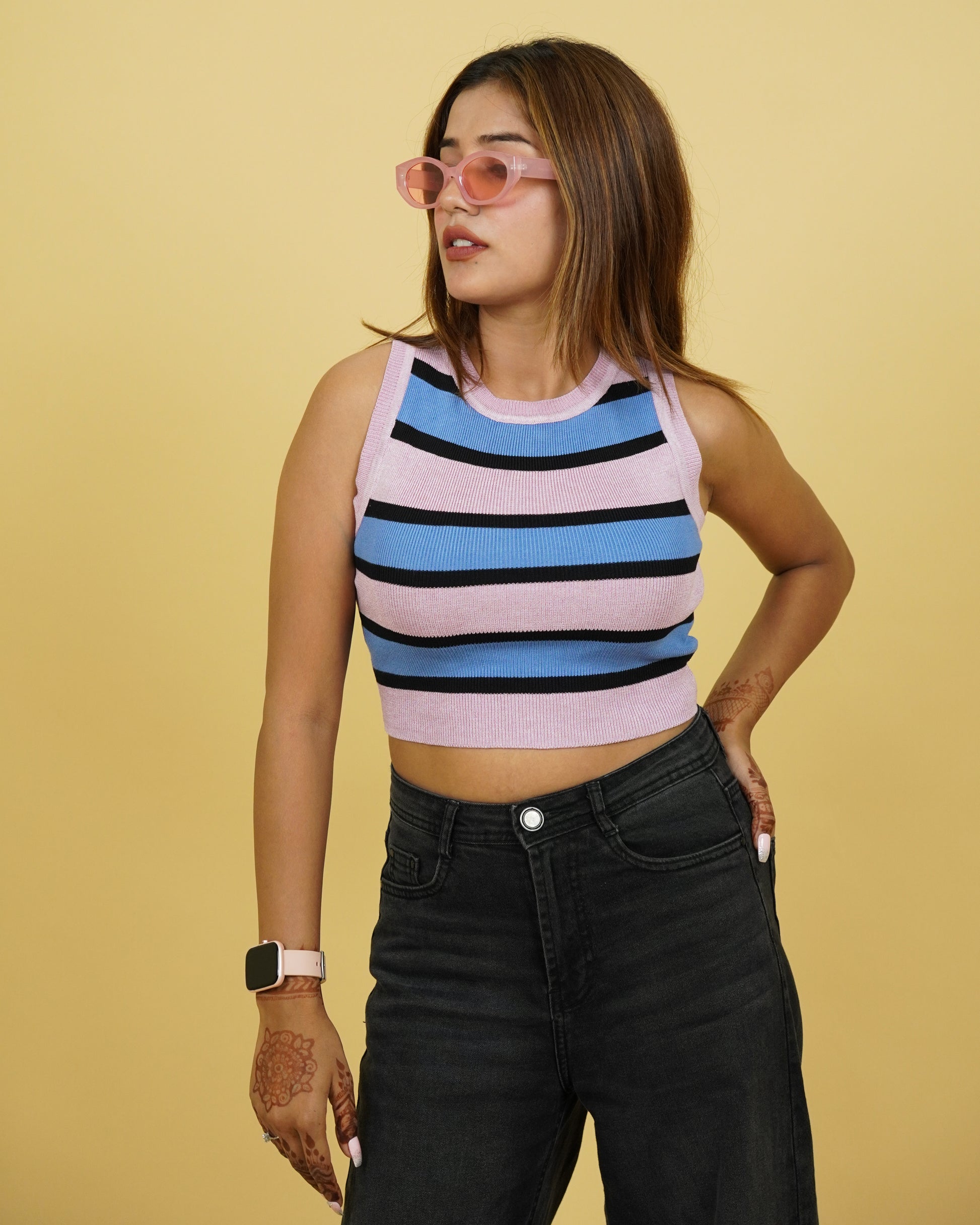 Women's Pink Strip Winter Tank Top Front View