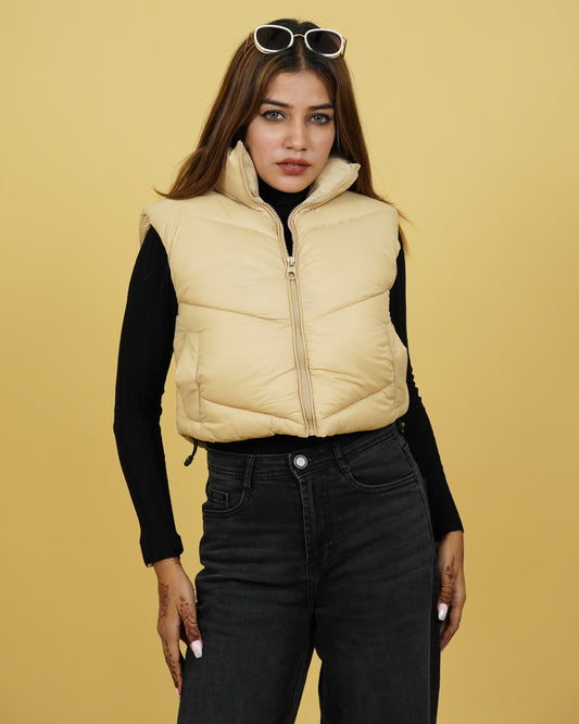 Women’s Beige Sleeveless Puffer Jacket