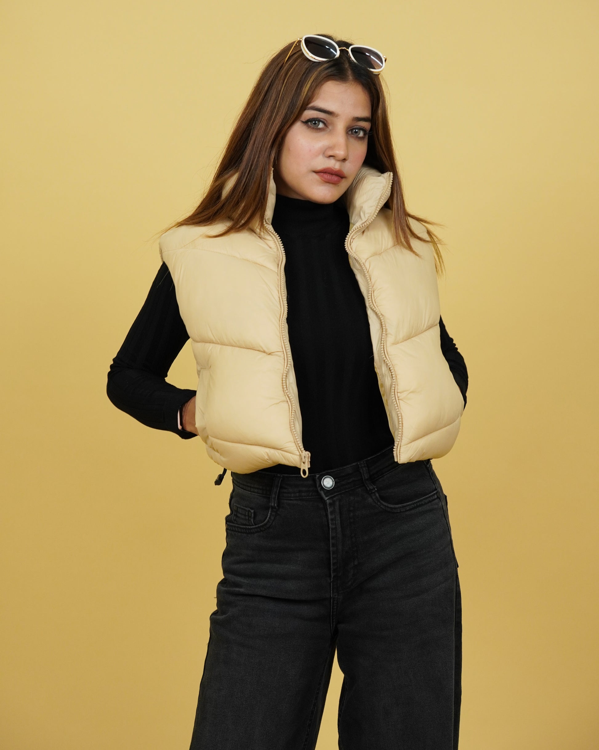 Womens Beige Crop Puffer Jacket Front View