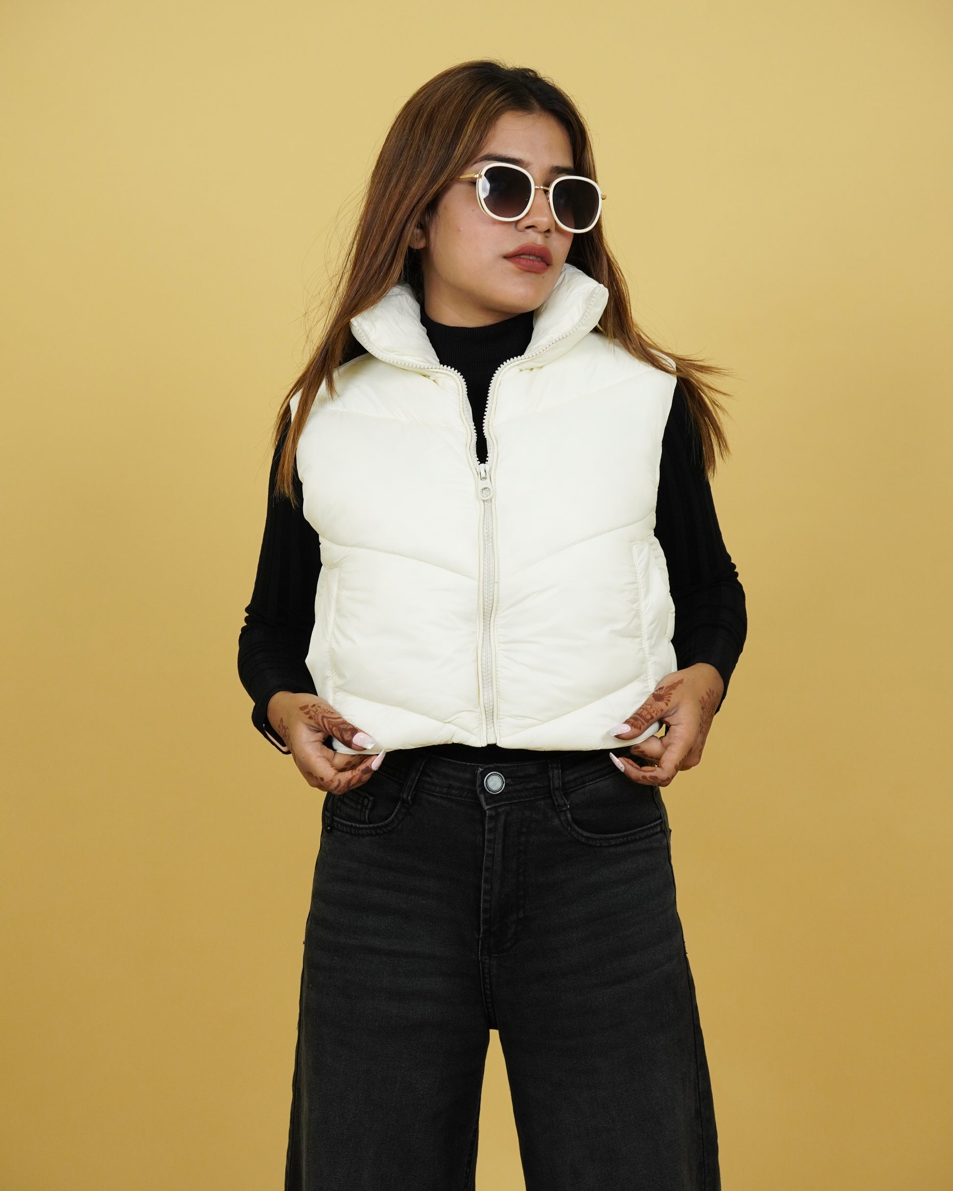 Womens White Crop Puffer Jacket Front View