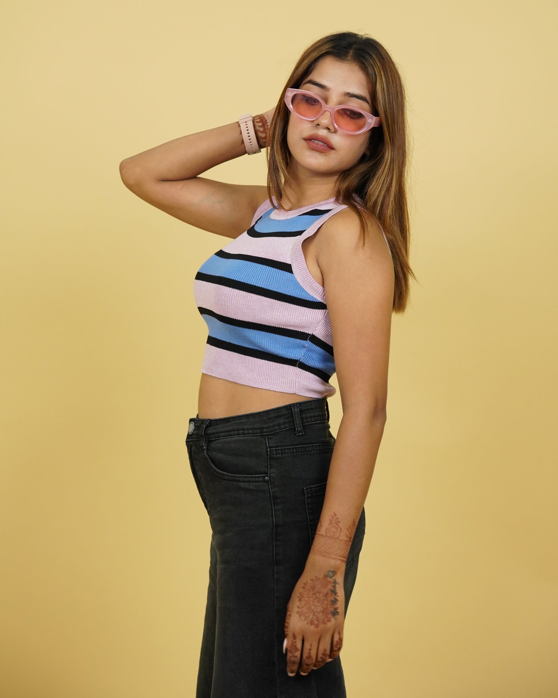 Women's Pink Strip Winter Tank Top Side View