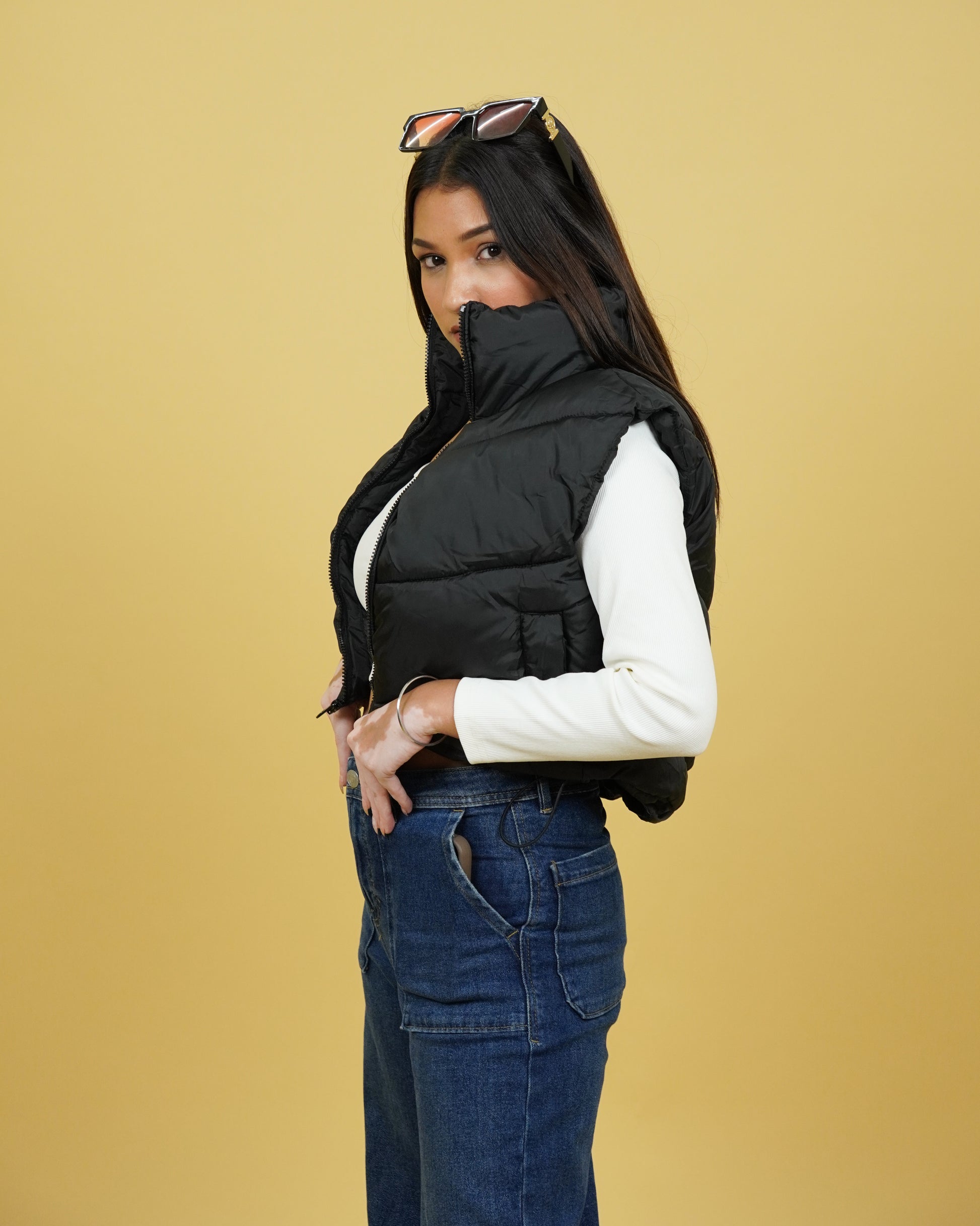 Womens Black Crop Puffer Jacket Side View