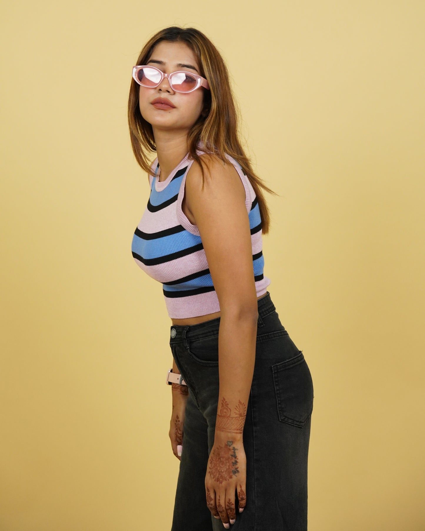 Women's Pink Strip Winter Tank Top Side View