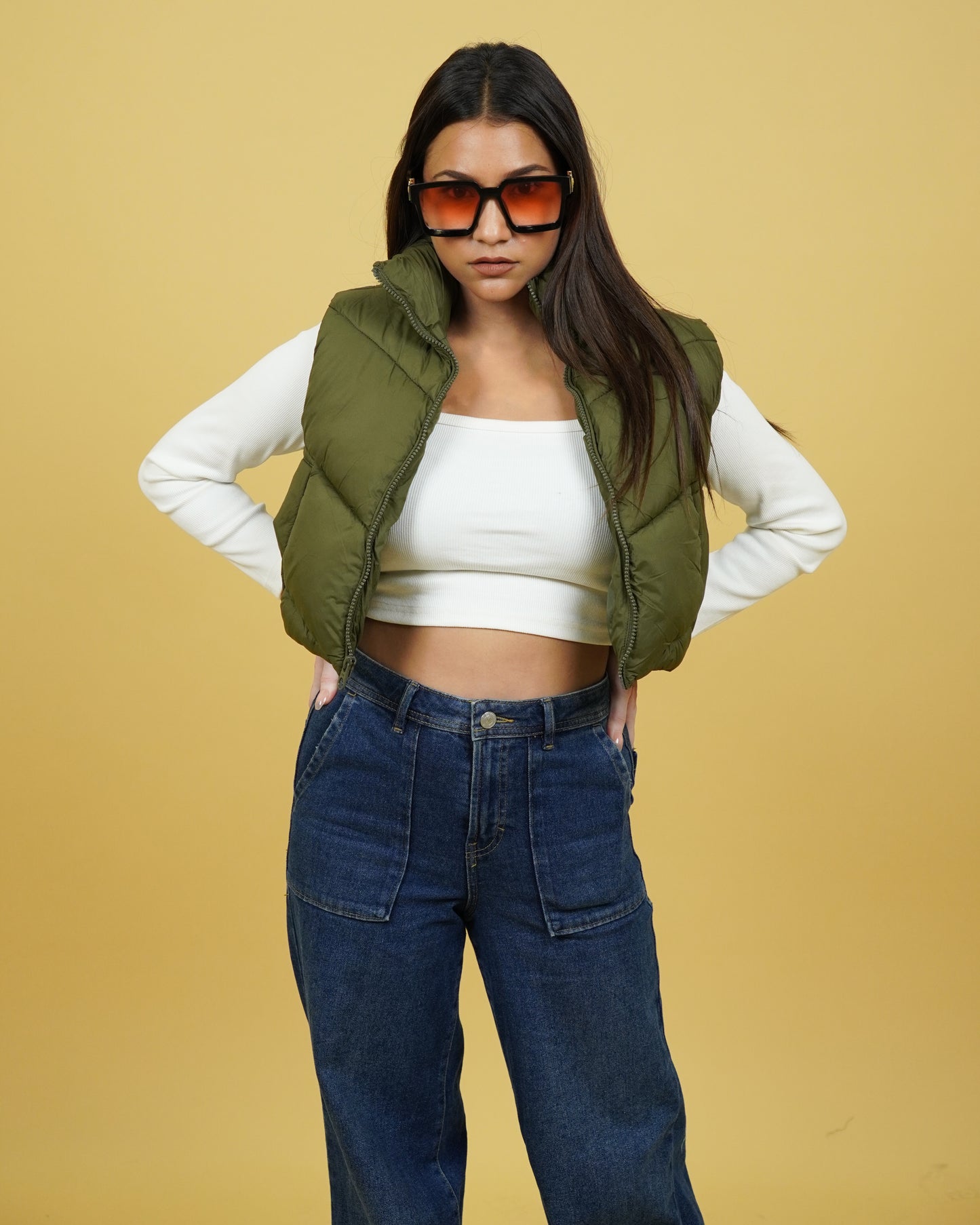 Women Olive Sleeveless Puffer Jacket