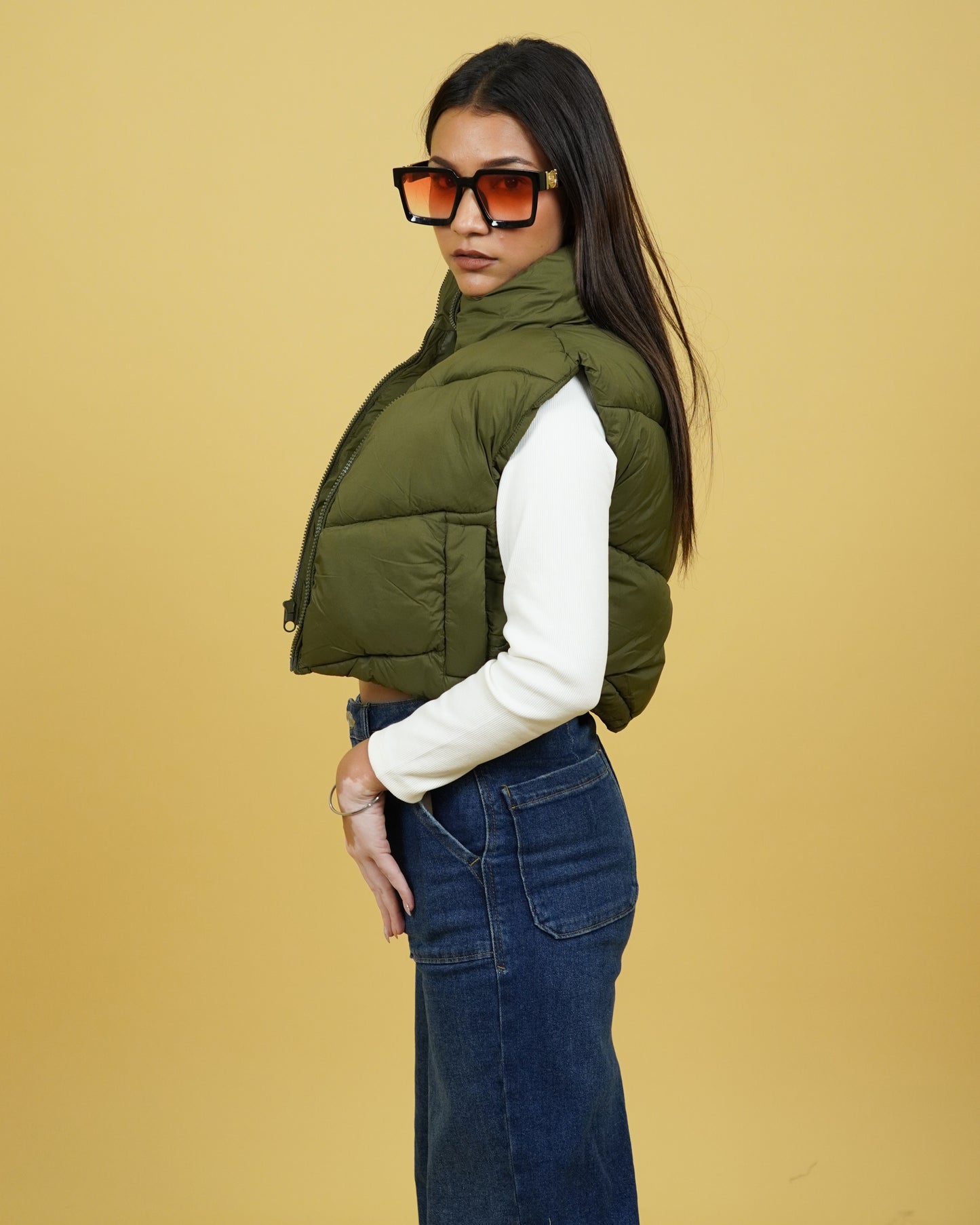 Women Olive Sleeveless Puffer Jacket