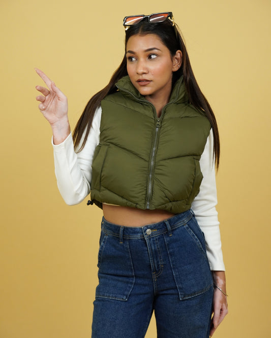 Women Olive Sleeveless Puffer Jacket