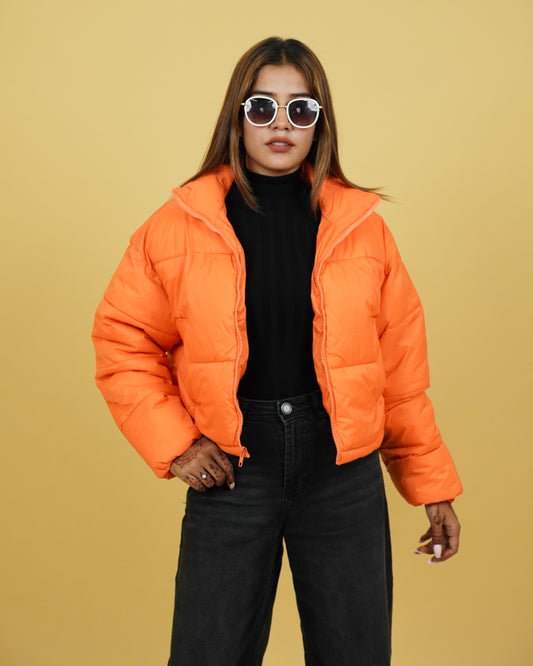Womens Orange Crop Puffer Jacket Front View