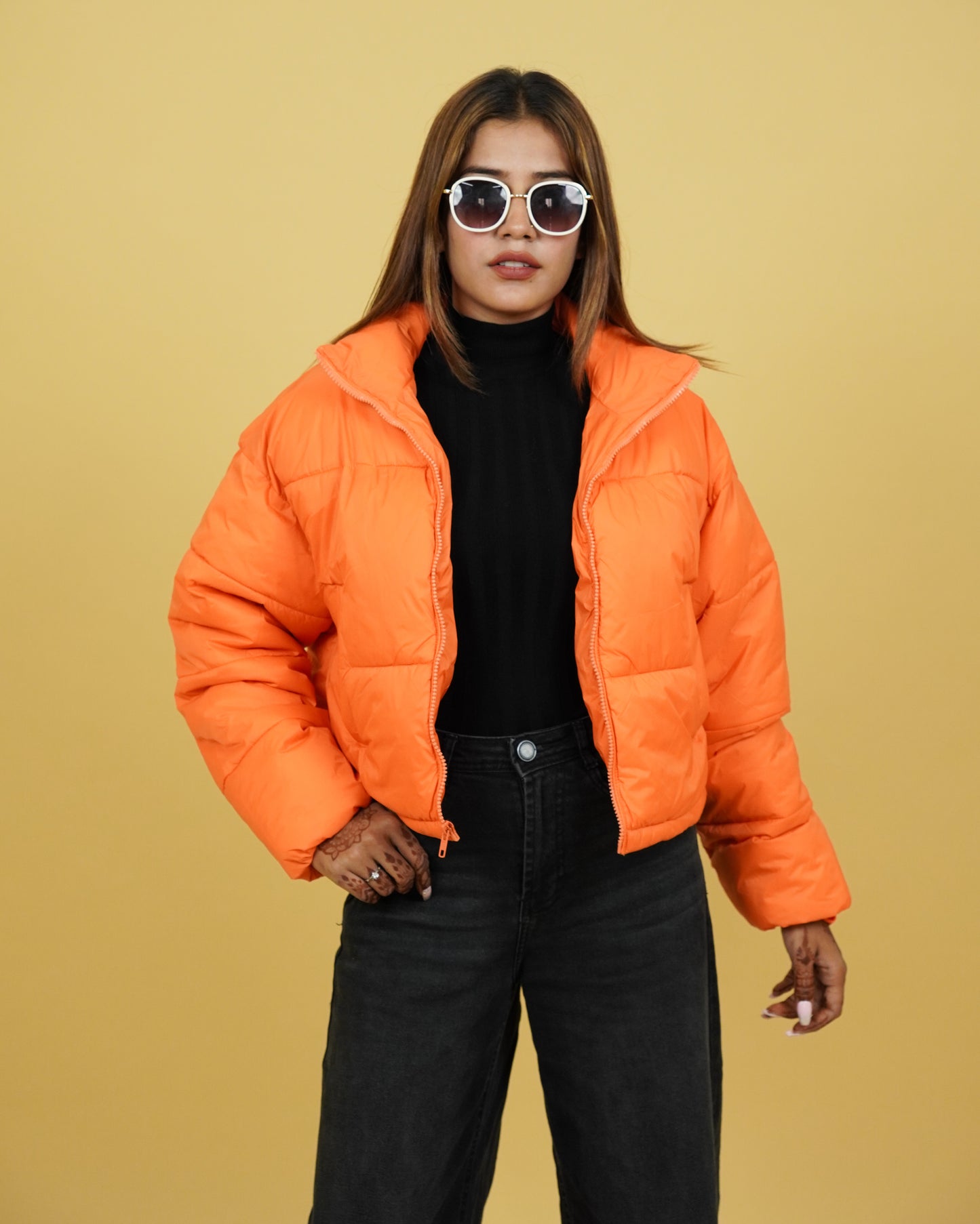 Women Orange Full Sleeve Puffer Jacket