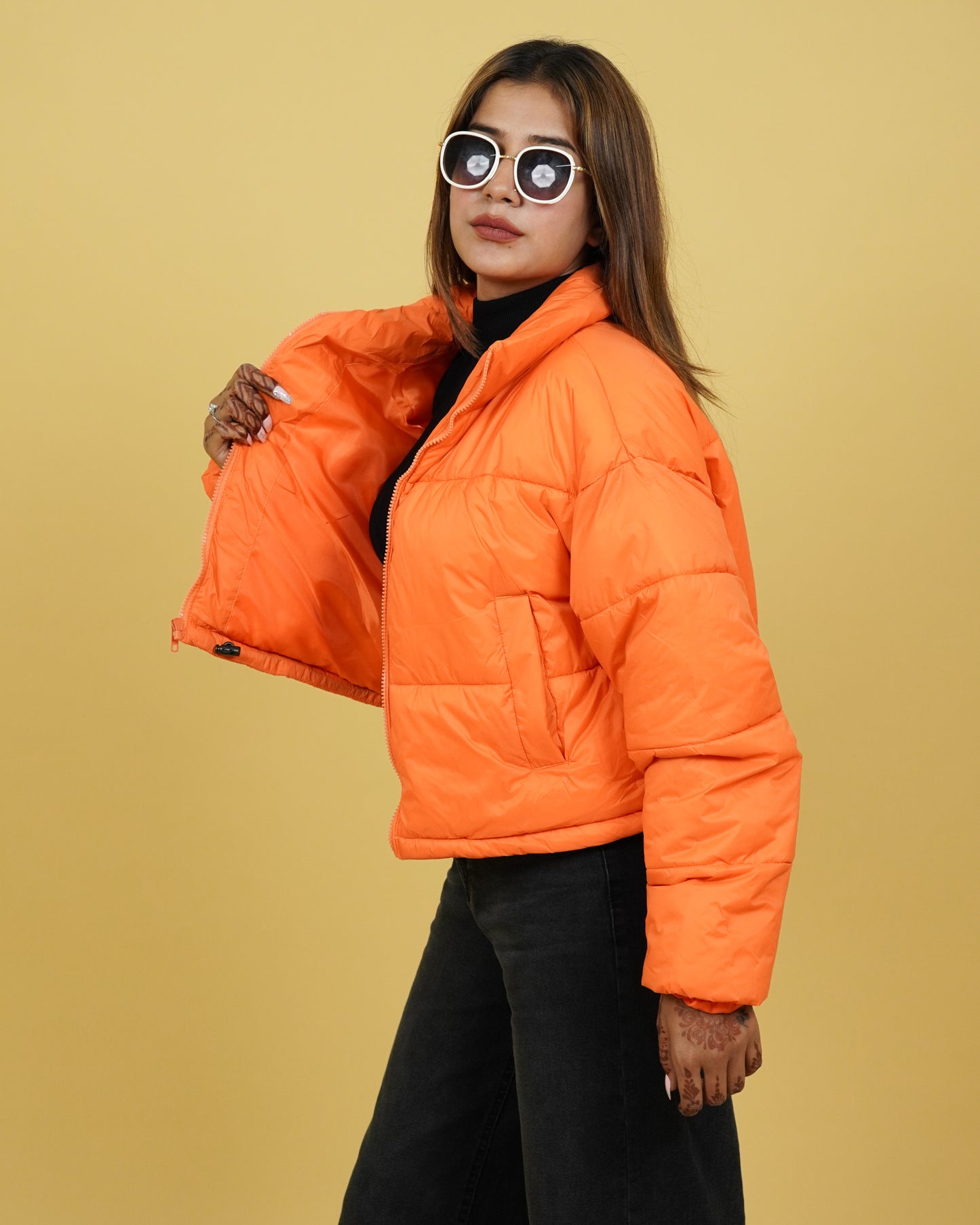 Women Orange Full Sleeve Puffer Jacket