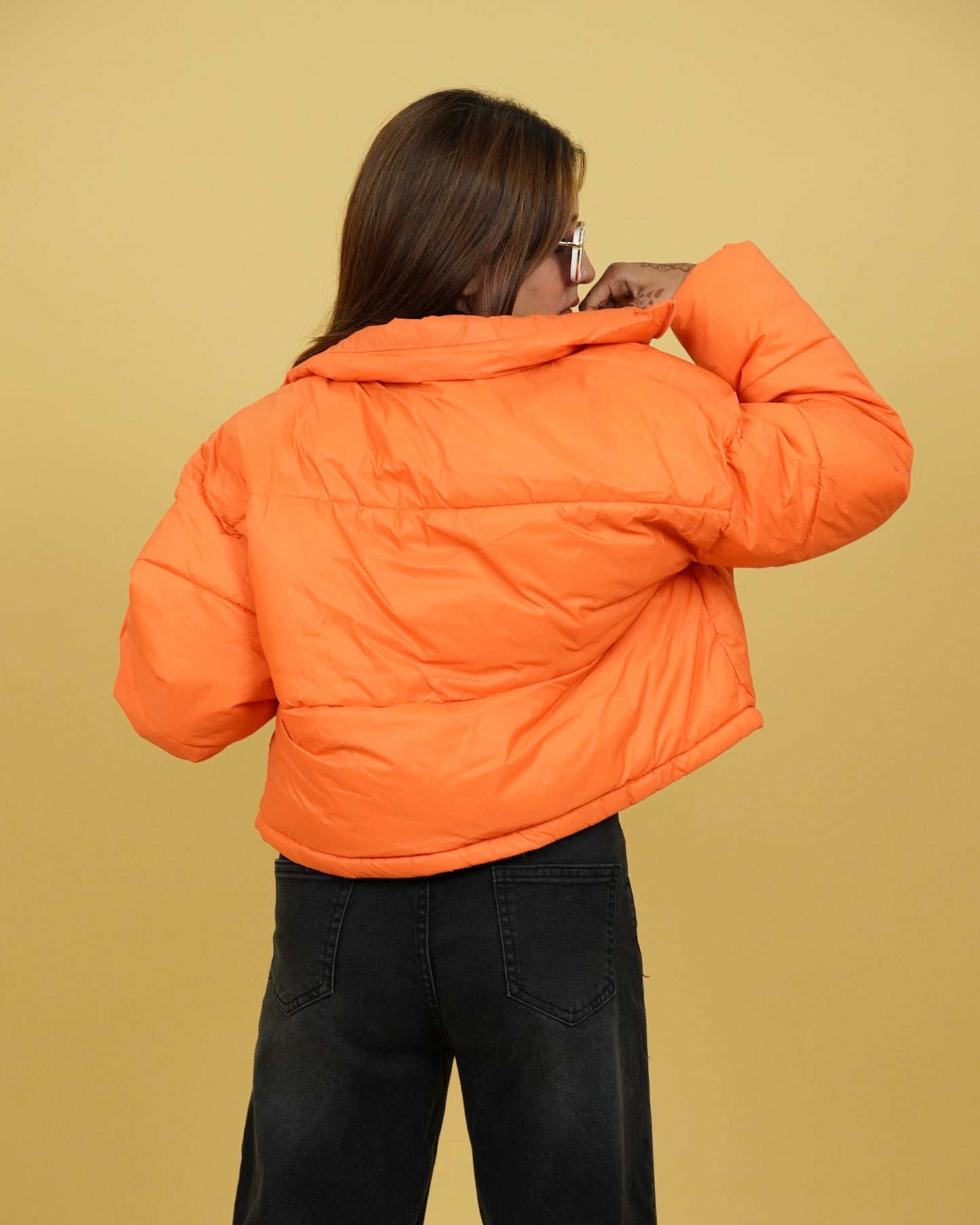 Women Orange Full Sleeve Puffer Jacket
