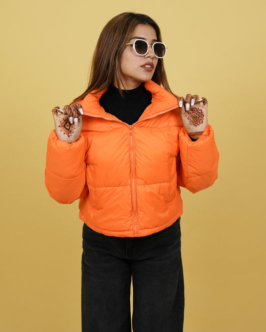 Women Orange Full Sleeve Puffer Jacket