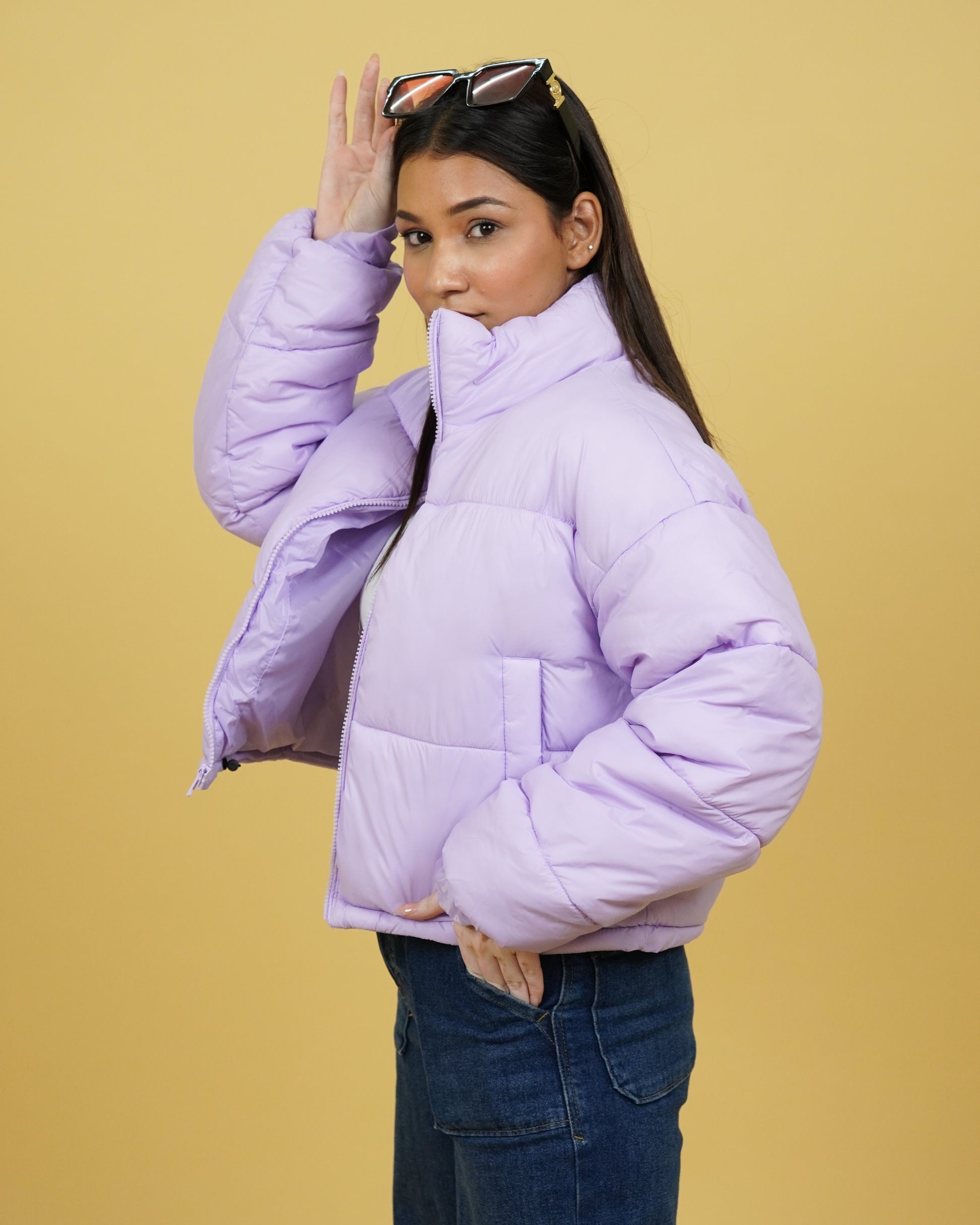 Womens Lavender Crop Puffer Jacket Side View