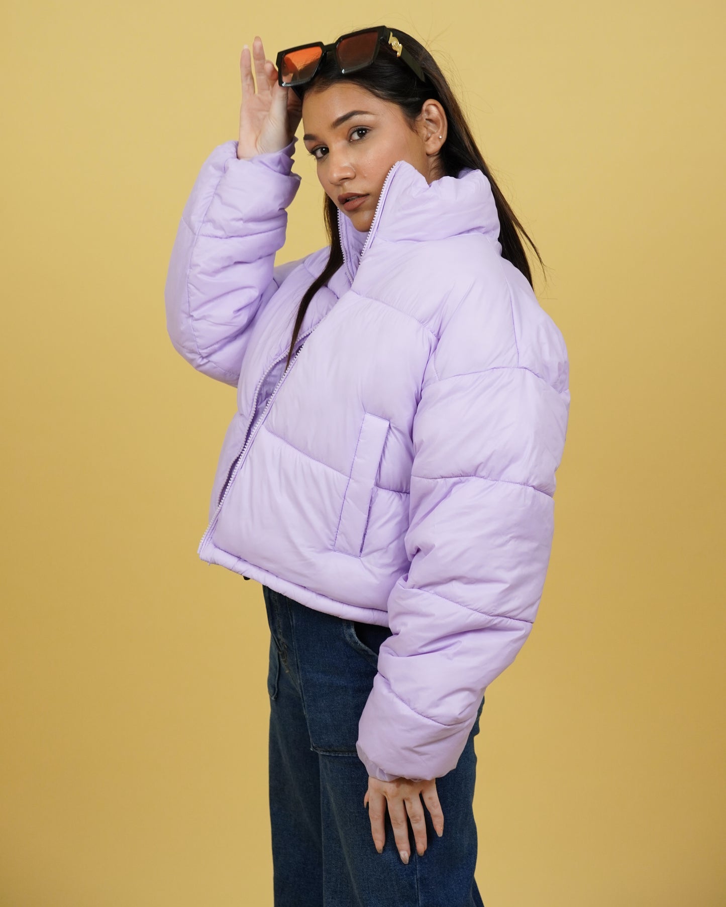 Womens Lavender Crop Puffer Jacket Side View